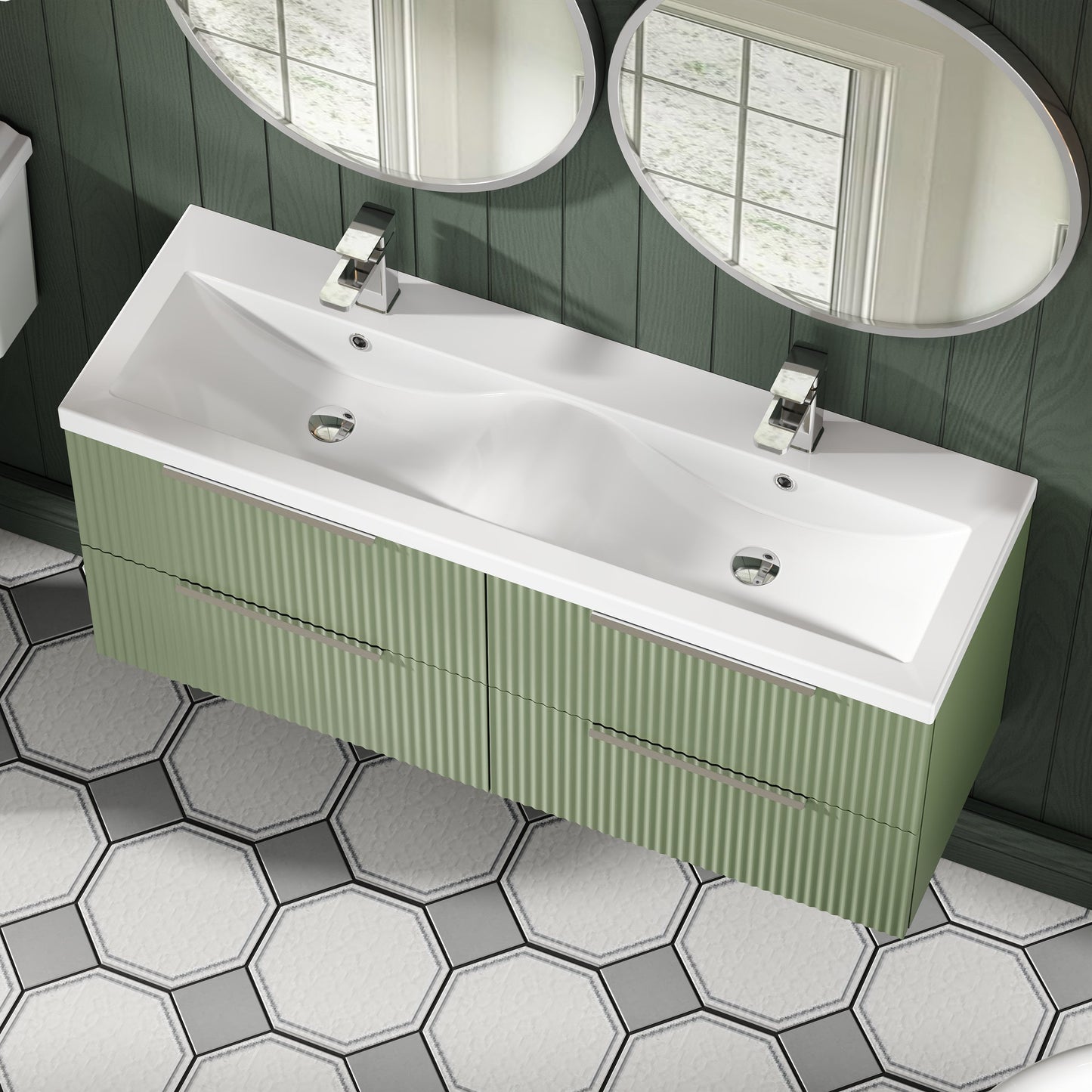 Hudson Reed Fluted 1200mm Satin Green Wall Hung 4-Drawer Vanity Unit with Double Basin