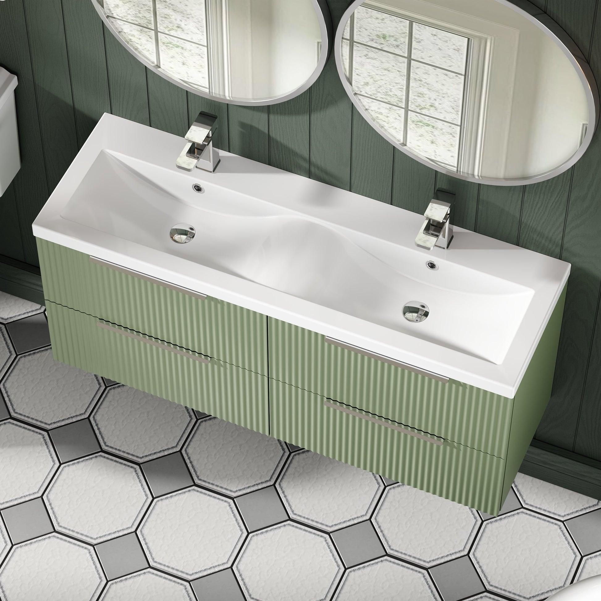 Hudson Reed Fluted 1200mm Satin Green Wall Hung 4-Drawer Vanity Unit with Double Basin