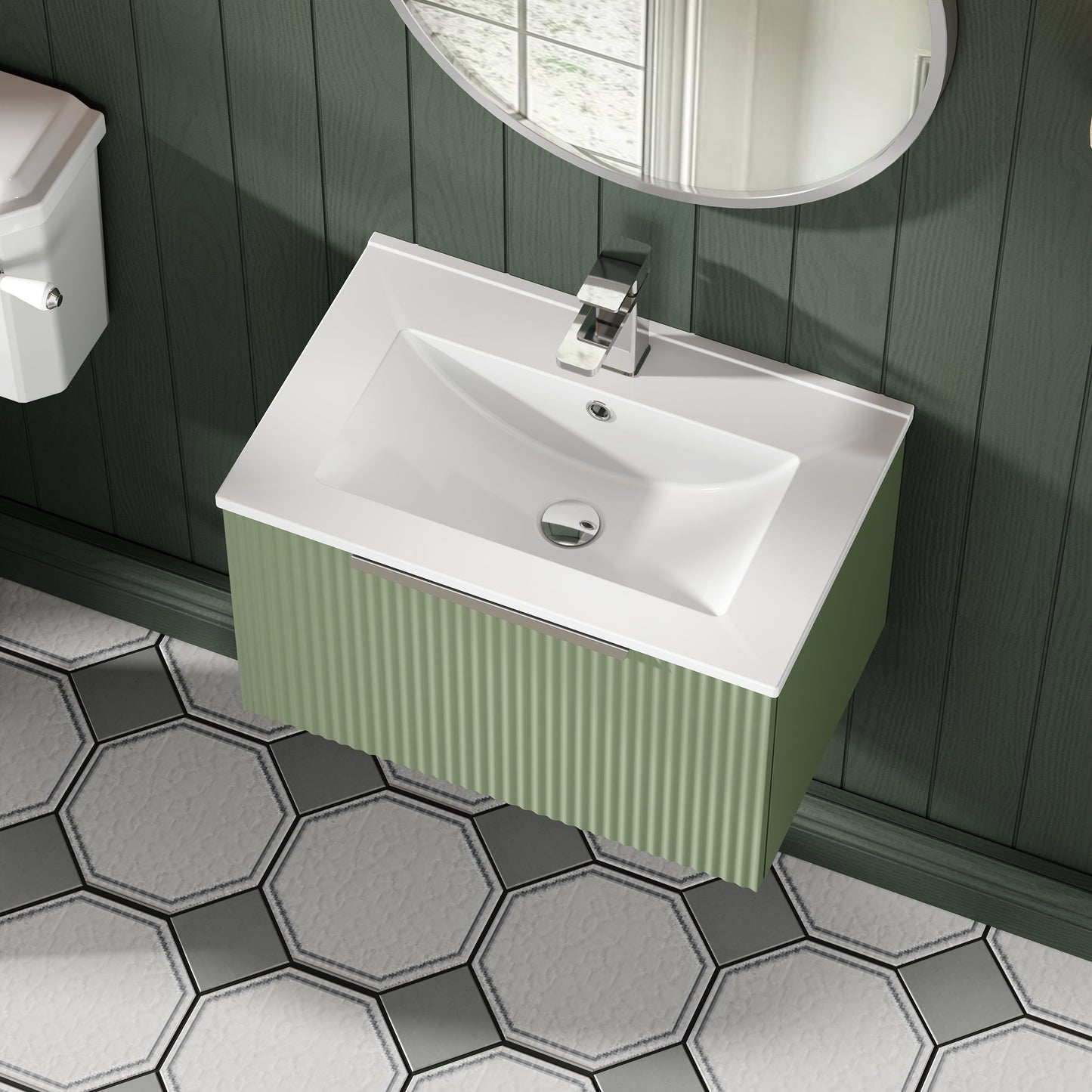 Hudson Reed Fluted 600mm Satin Green Wall Hung Single Drawer Vanity Unit With Basin