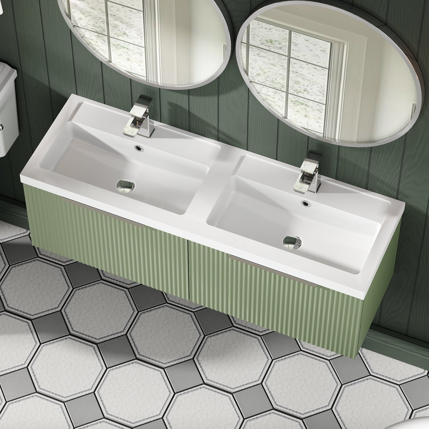 Hudson Reed Fluted 1205mm Satin Green Wall Hung 2-Drawer Vanity Unit With Double Polymarble Basin