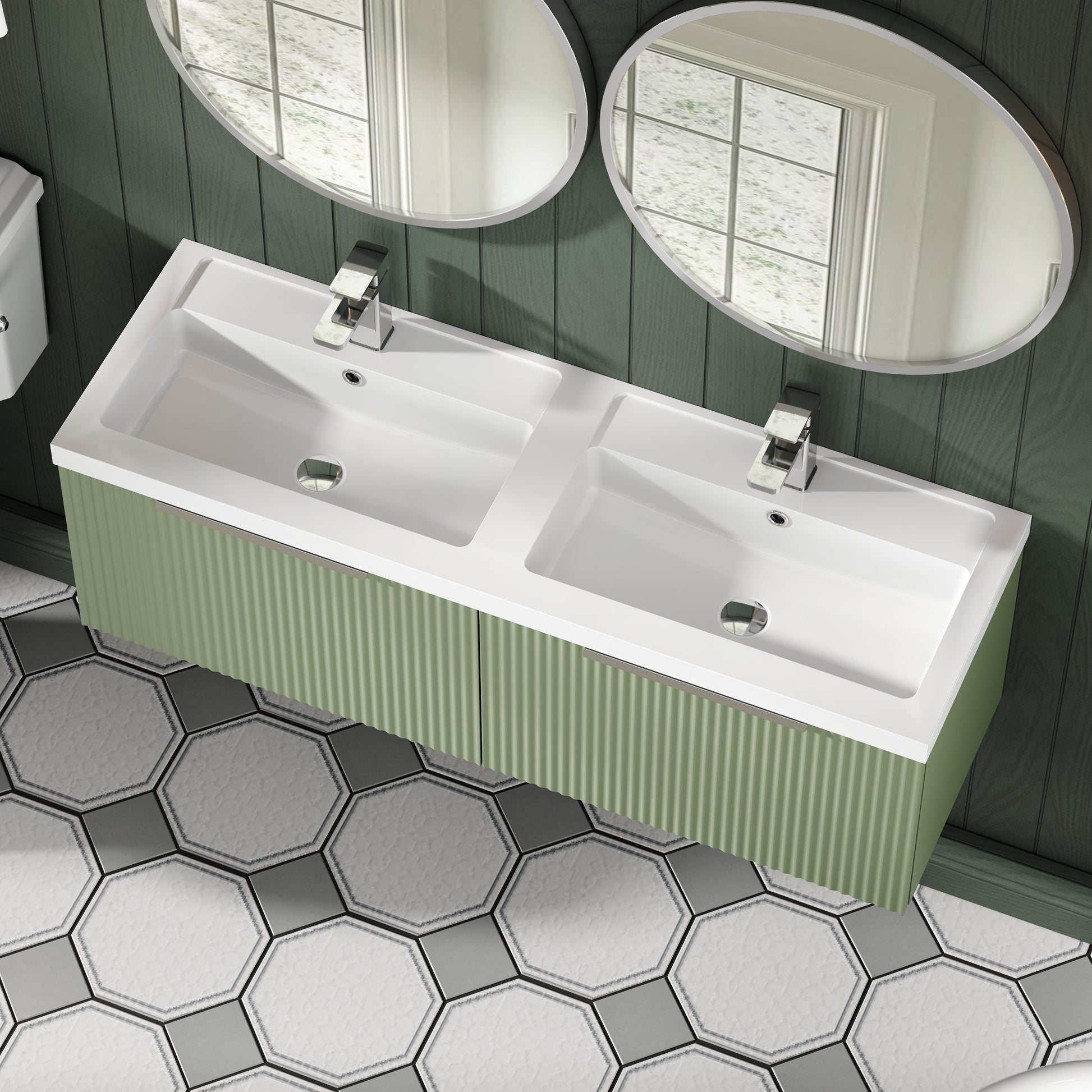 Hudson Reed Fluted 1205mm Satin Green Wall Hung 2-Drawer Vanity Unit With Double Polymarble Basin