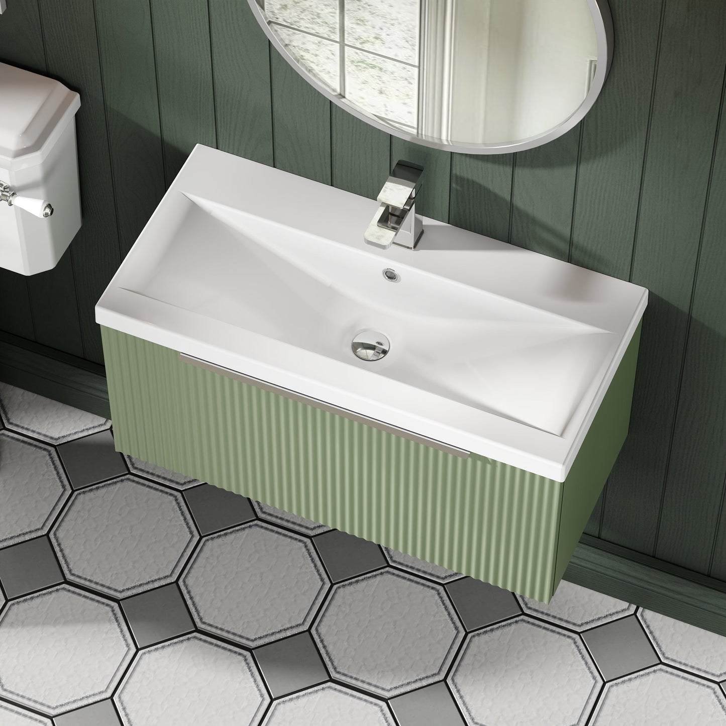 Hudson Reed Fluted 800mm Wall Hung Satin Green Single Drawer Vanity Unit Including Basin