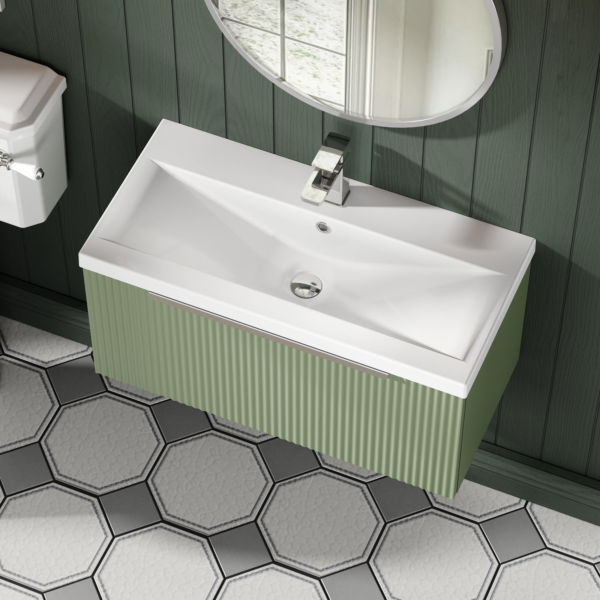 Hudson Reed Fluted 800mm Wall Hung Satin Green Single Drawer Vanity Unit Including Basin