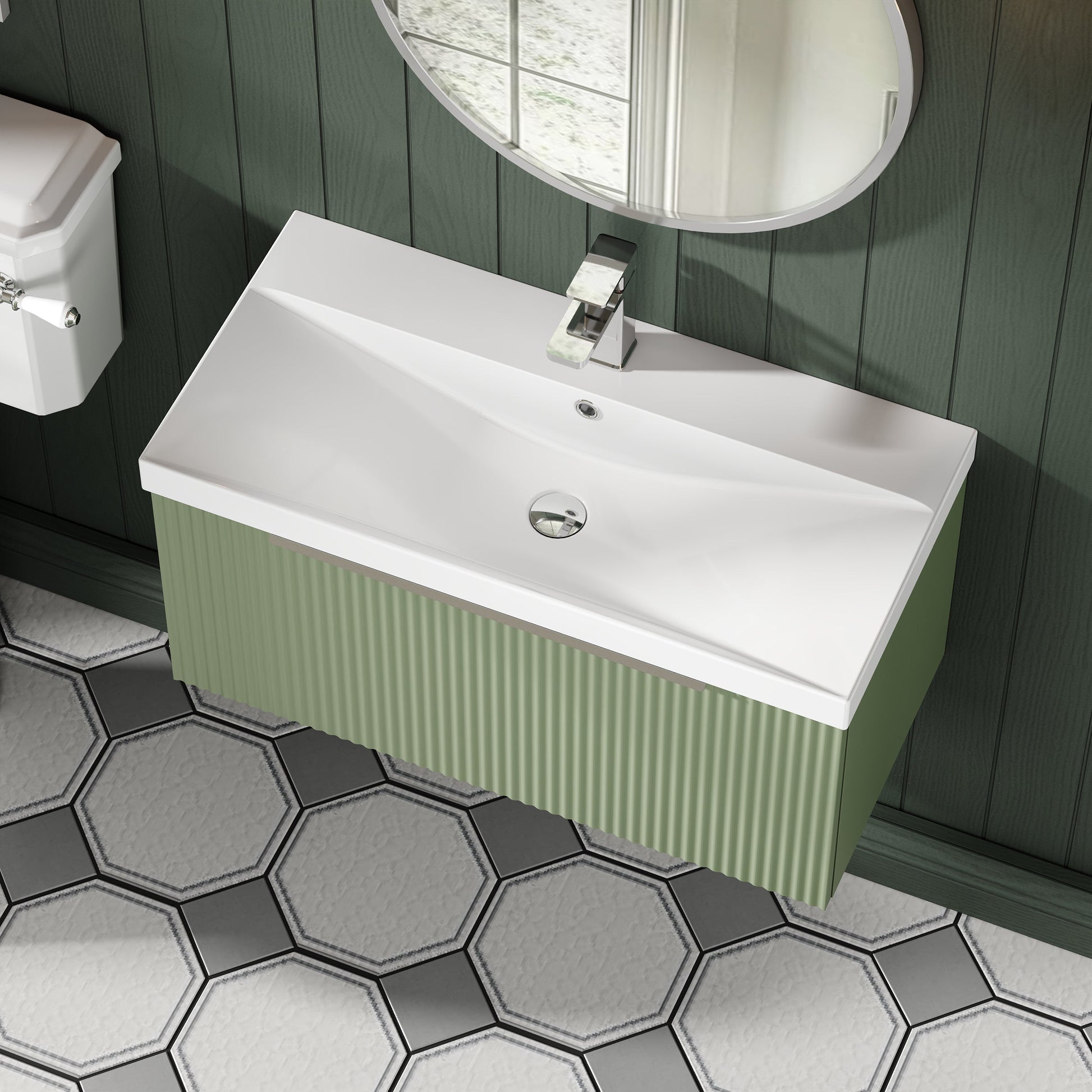 Hudson Reed Fluted 800mm Satin Green Wall Hung Single Drawer Vanity Unit With Thin-Edge Basin