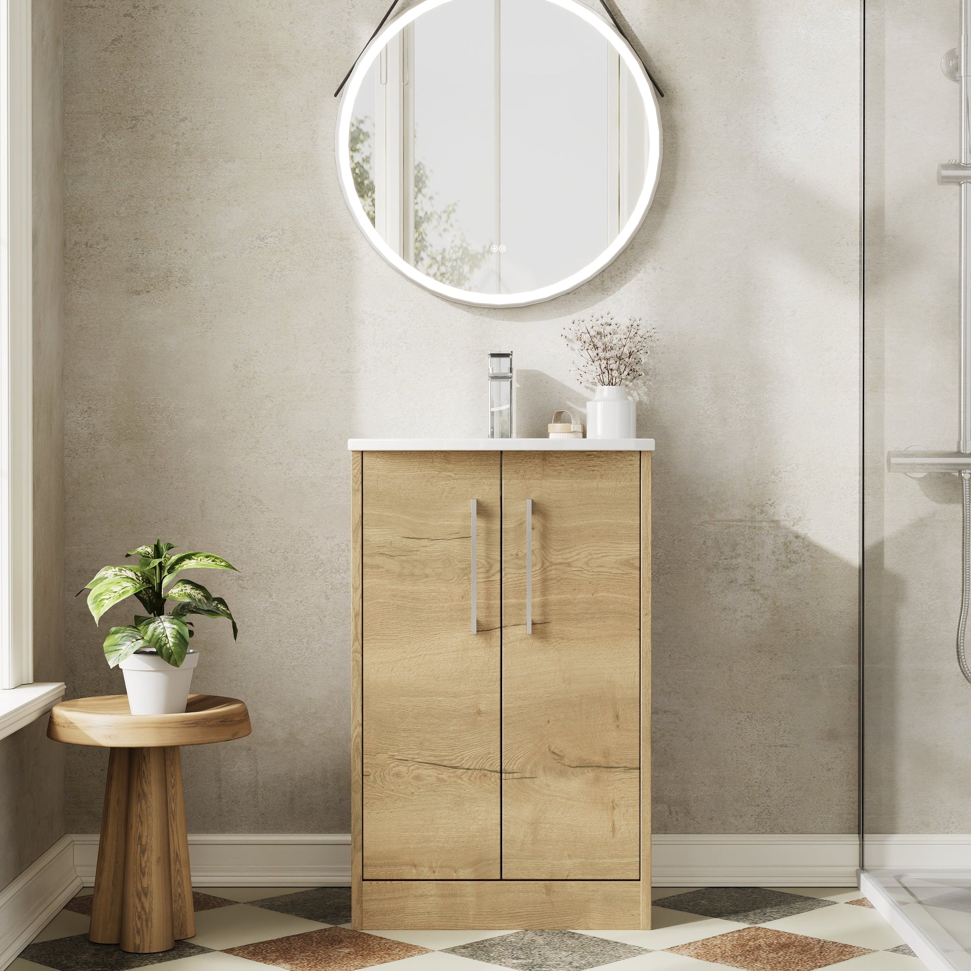 Hudson Reed Juno 500mm Autumn Oak Floor Standing 2-Door Vanity Unit With 1 Tap Hole Basin