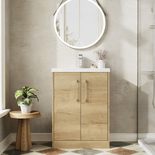 Hudson Reed Juno 600mm Autumn Oak Floor Standing 2-Door Vanity Unit with 1 Tap Hole Basin