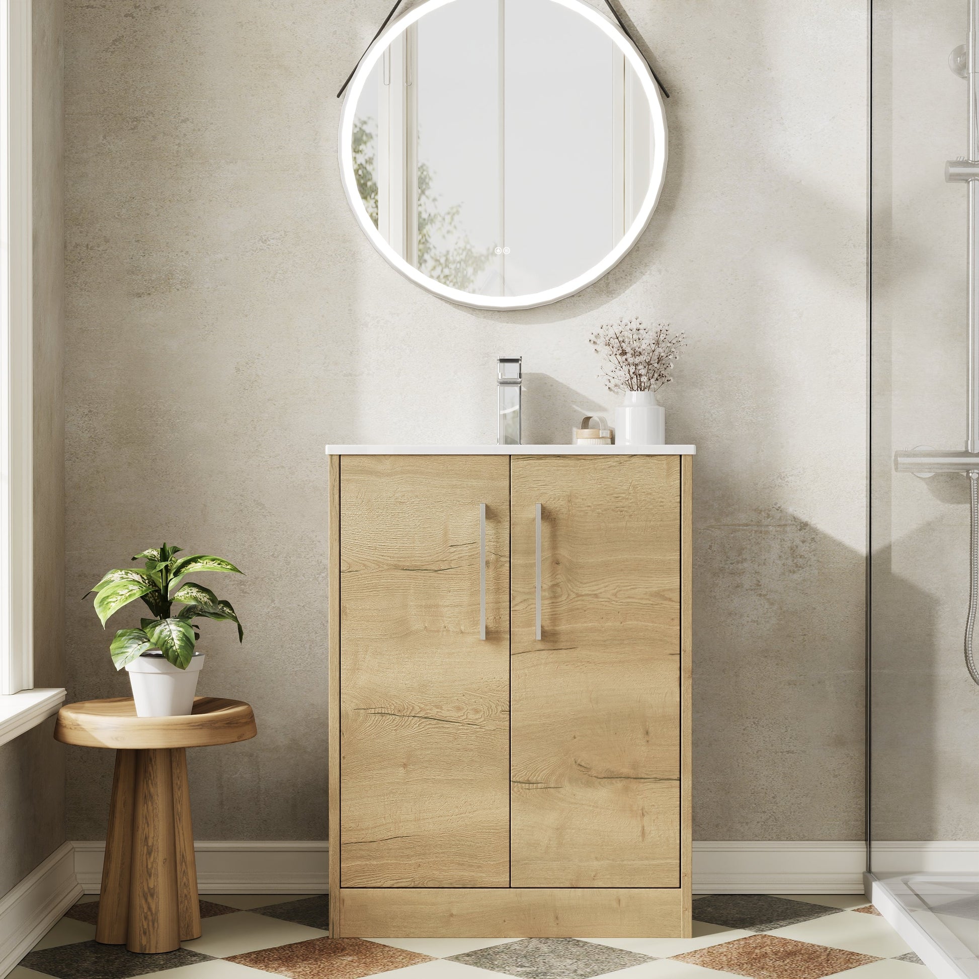 Hudson Reed Juno 600mm Autumn Oak Floor Standing 2-Door Vanity Unit With 1 Tap Hole Basin