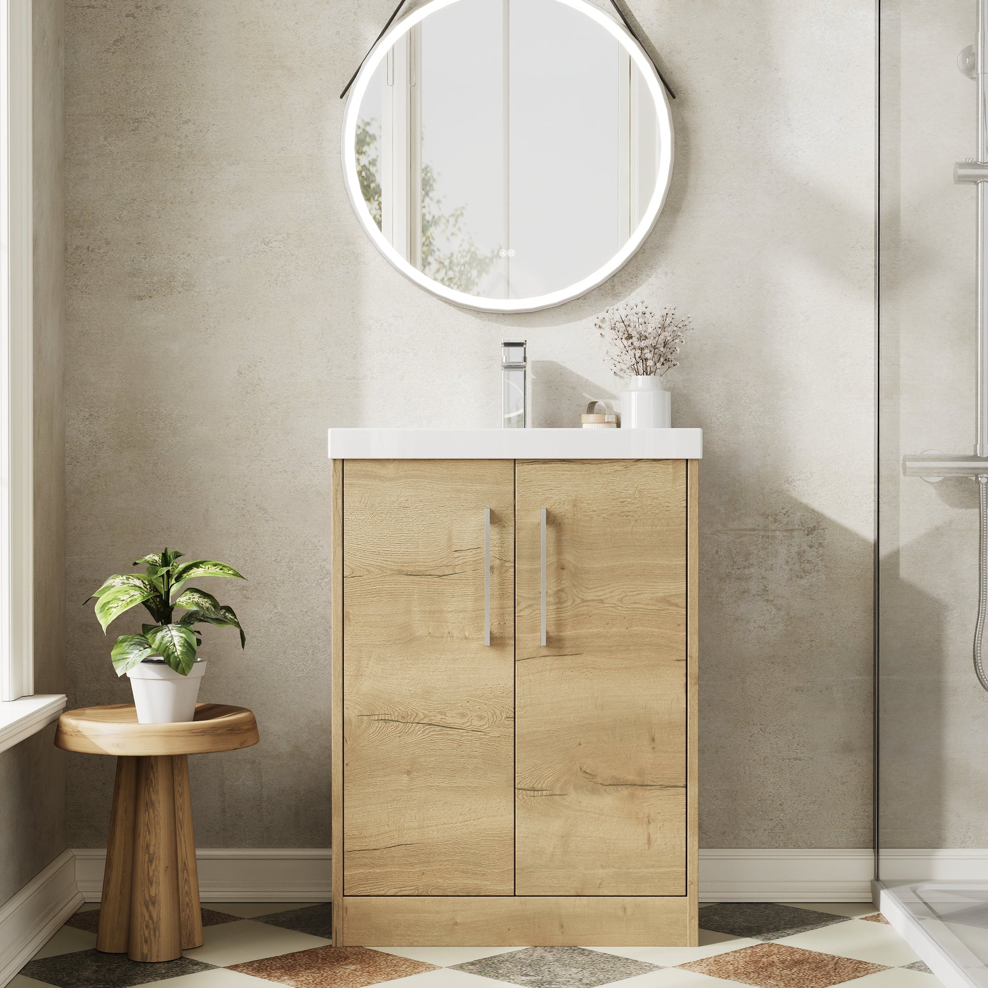 Hudson Reed Juno 600mm Autumn Oak Floor Standing 2-Door Vanity Unit with 1 Tap Hole Basin