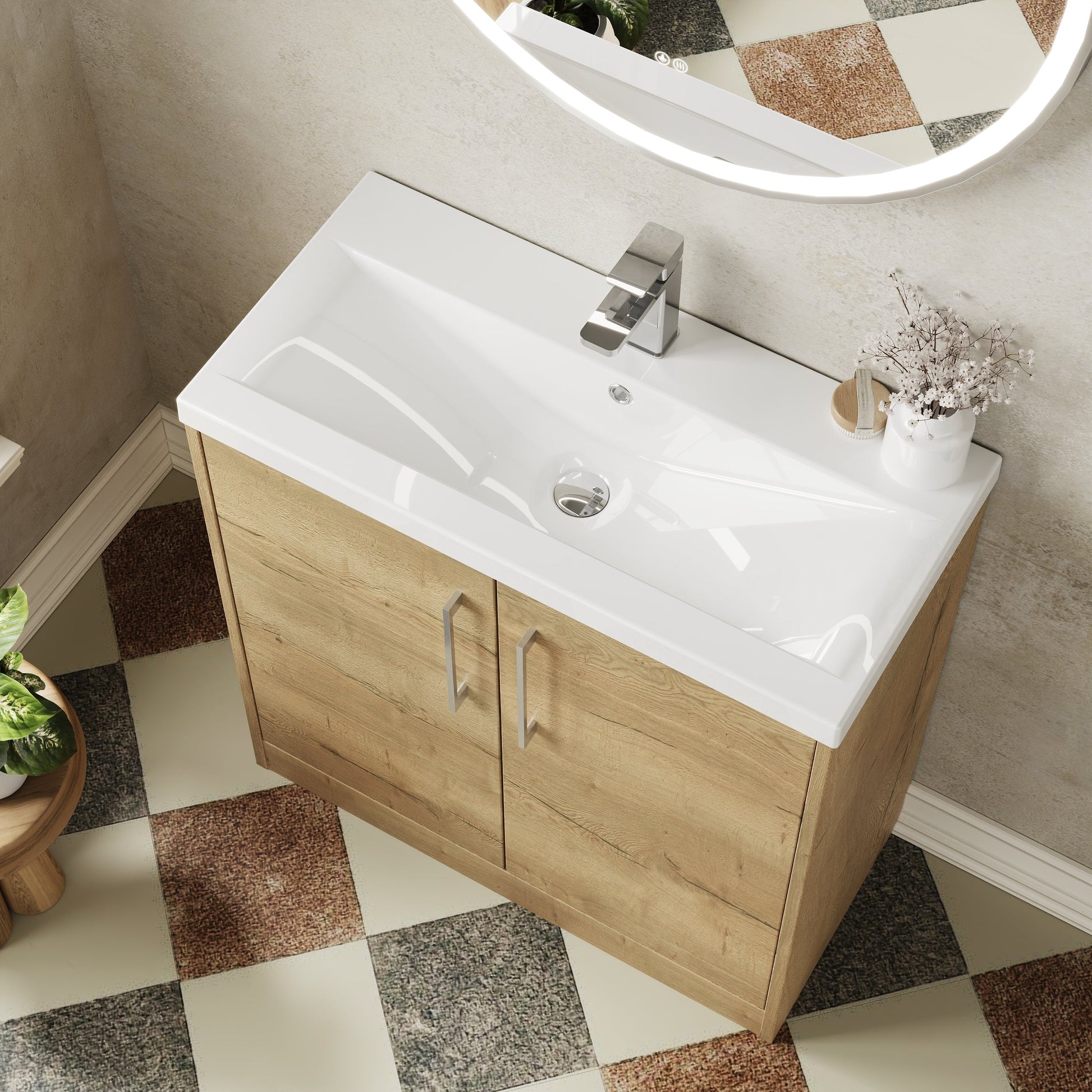 Hudson Reed Juno 800mm Autumn Oak Floor Standing 2-Door Vanity Unit & 1 Tap Hole Basin
