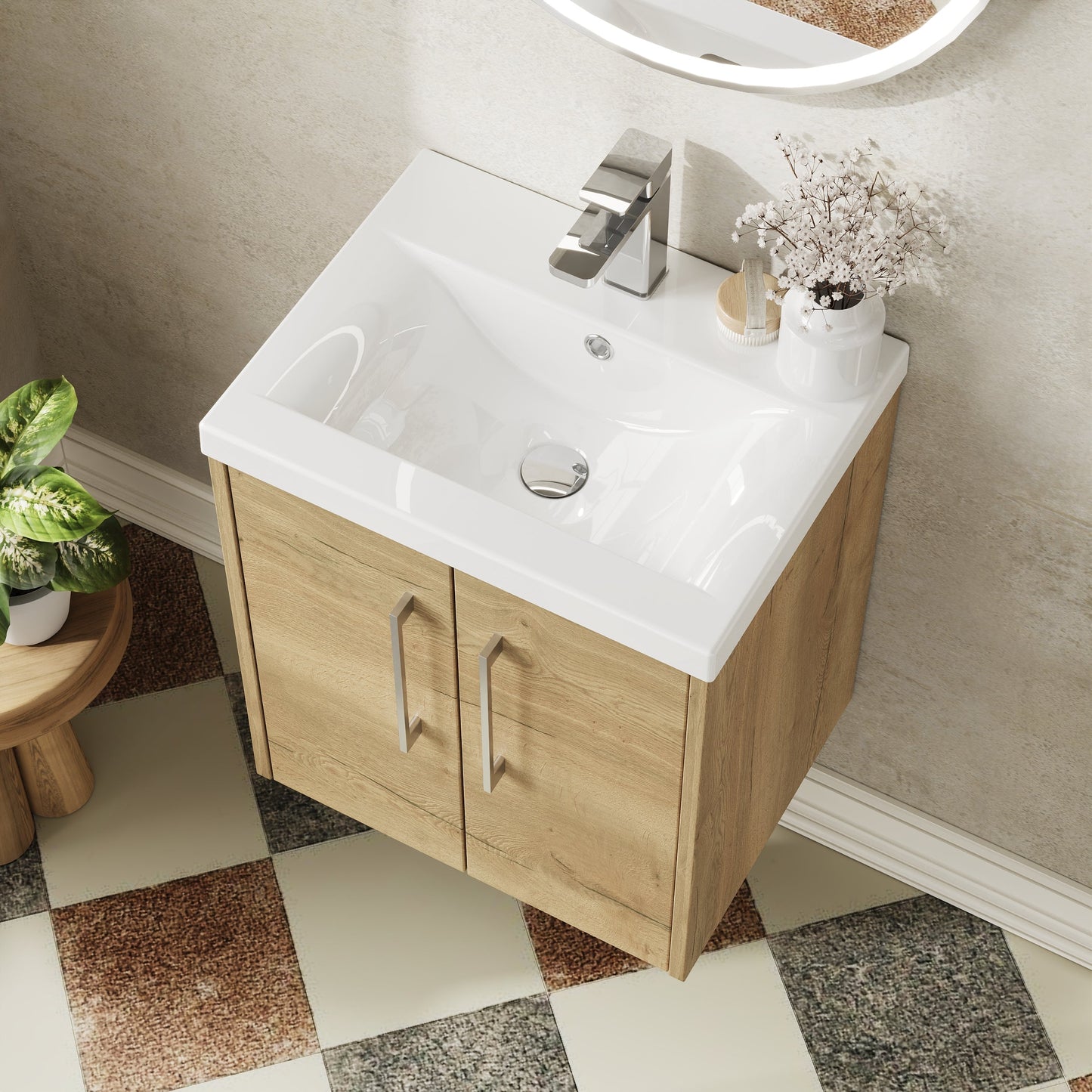 Hudson Reed Juno 500mm Autumn Oak Wall Hung 2-Door Vanity Unit with 1 Tap Hole Basin