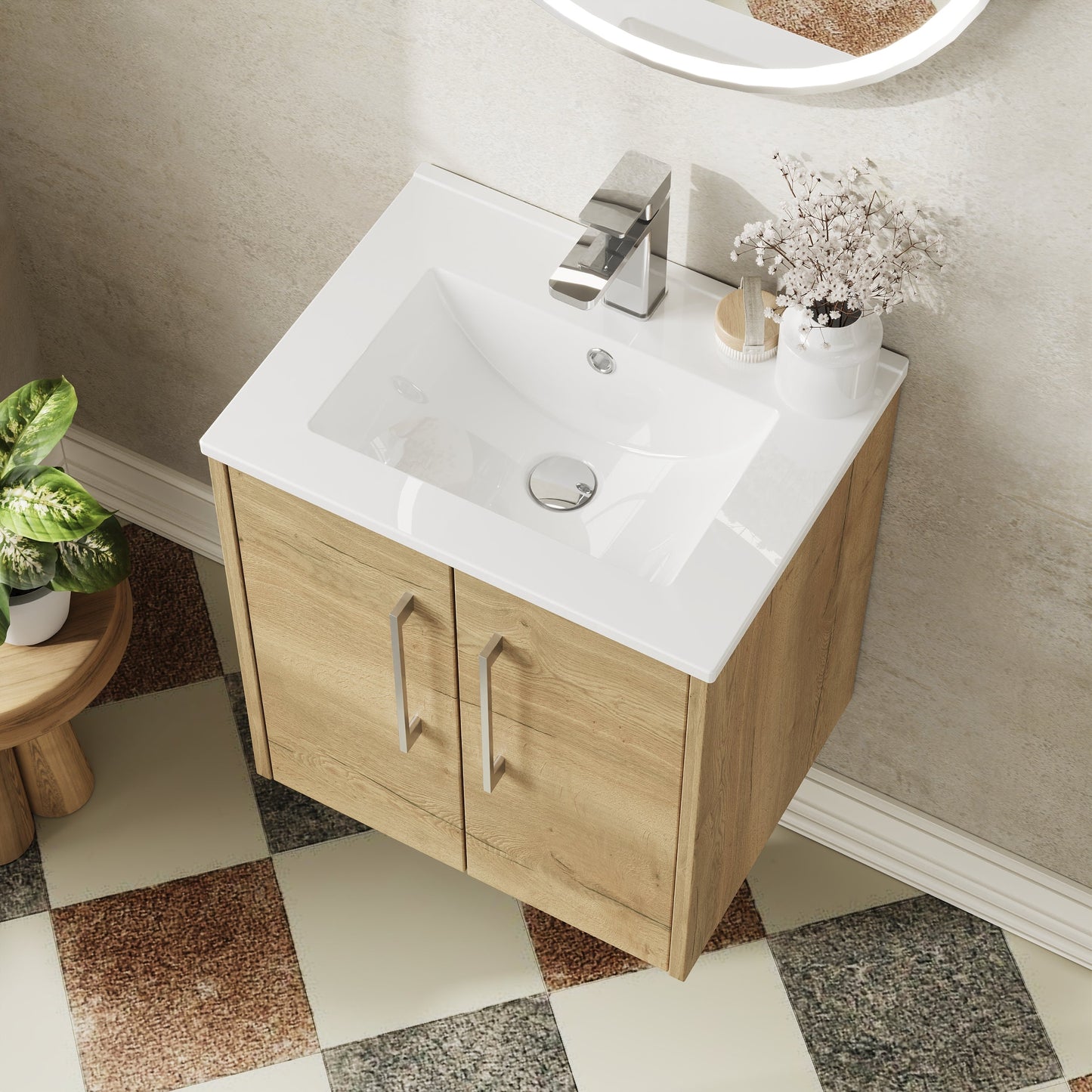 Hudson Reed Juno 500mm Autumn Oak Wall Hung 2-Door Vanity Unit & 1 Tap Hole Basin