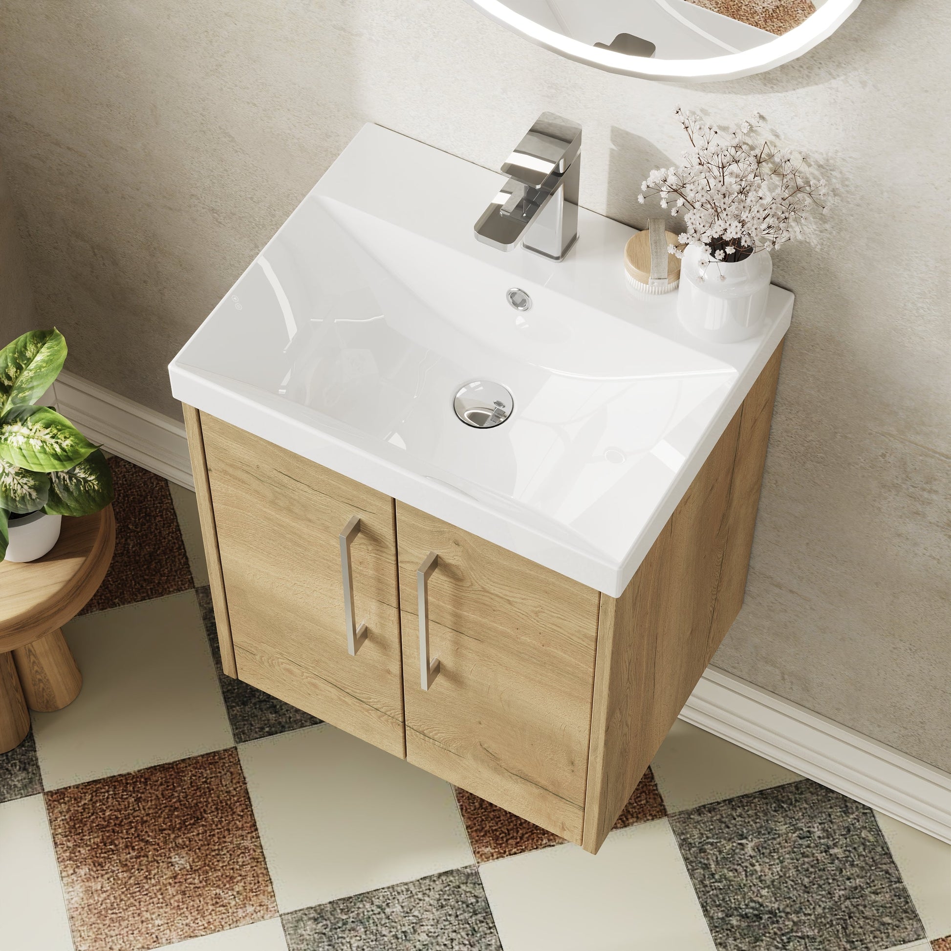 Hudson Reed Juno 500mm Autumn Oak Wall Hung 2-Door Vanity Unit With Thin-Edge 1 Tap Hole Basin