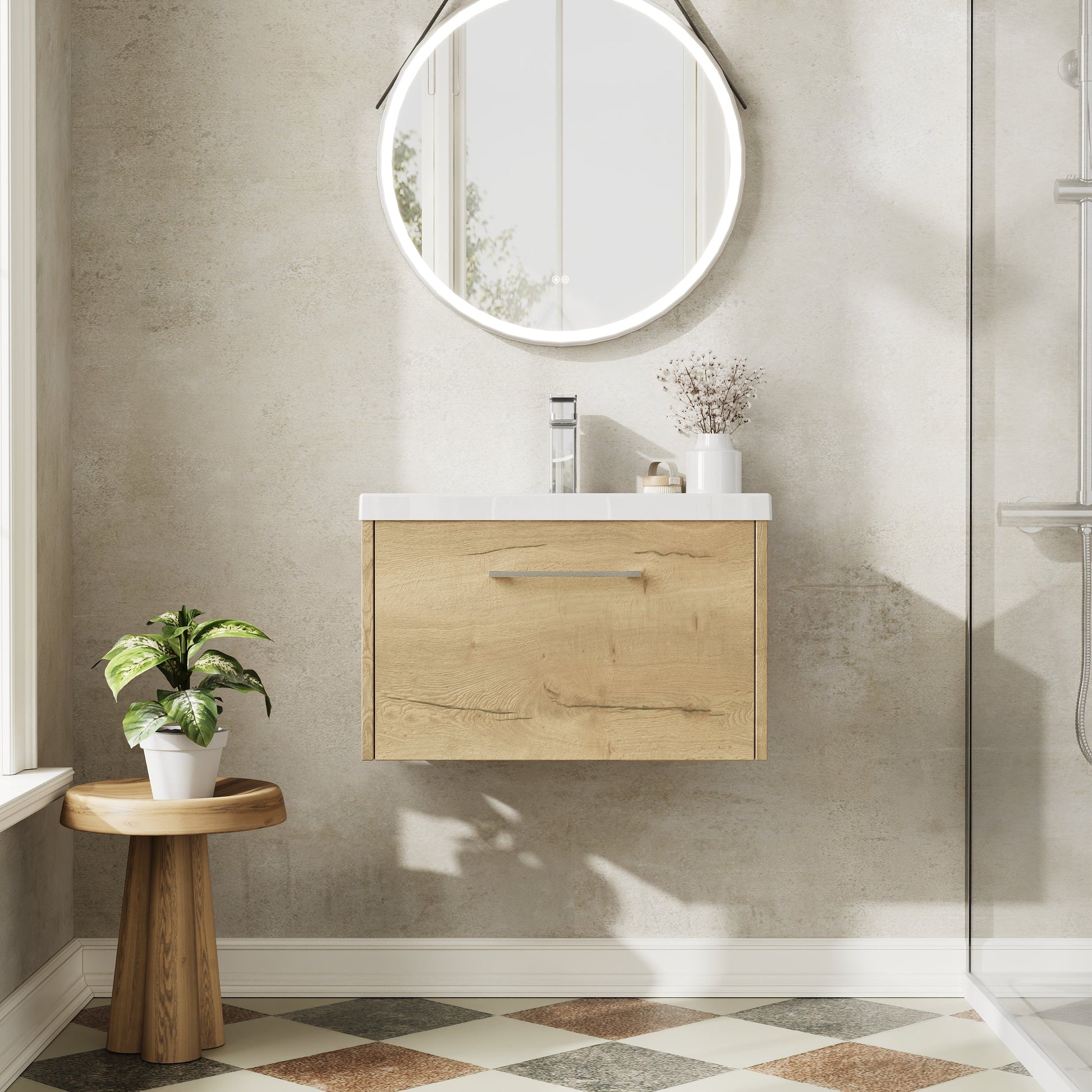 Hudson Reed Juno 600mm Autumn Oak Wall Hung Single Drawer Vanity Unit With 1 Tap Hole Basin