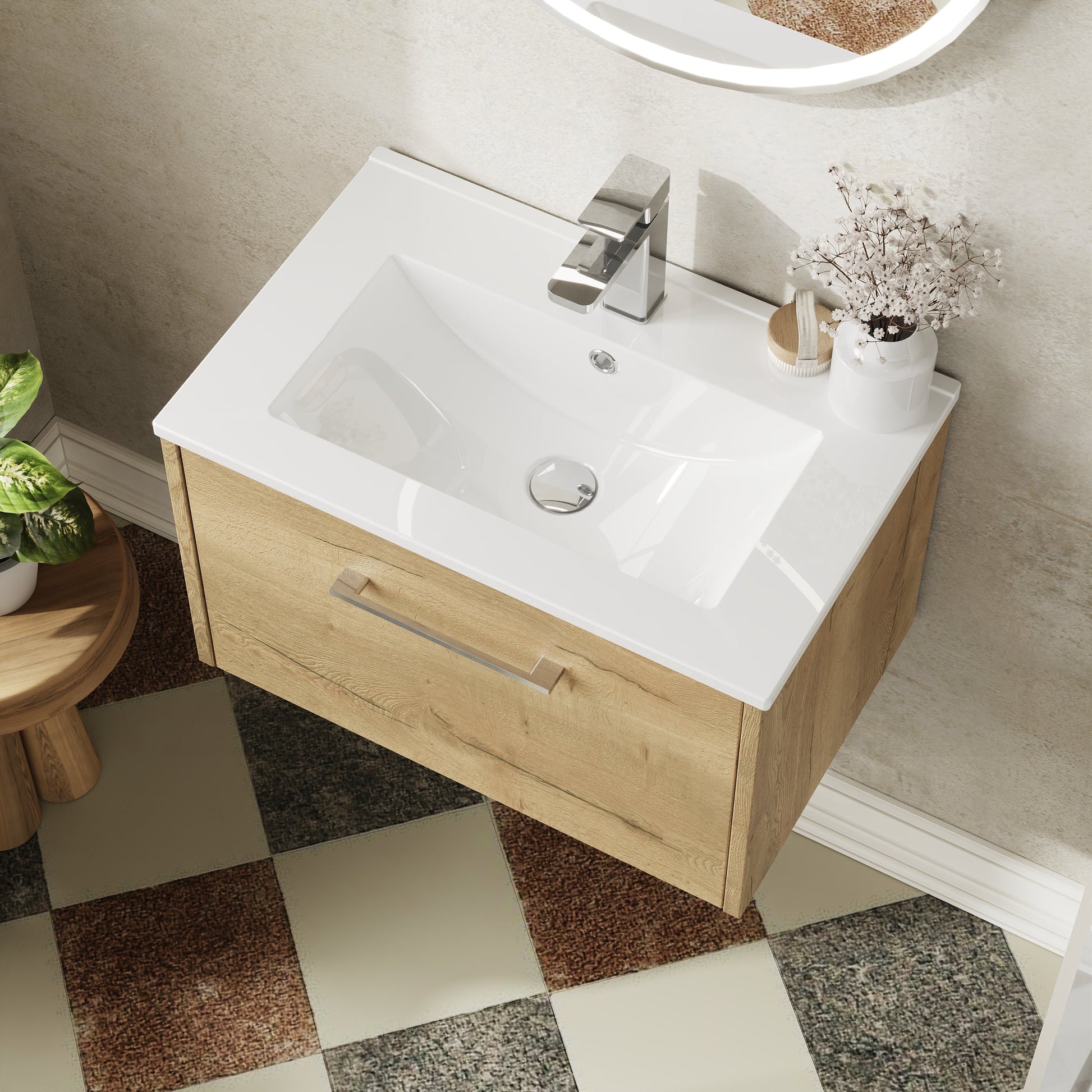 Hudson Reed Juno 600mm Autumn Oak Wall Hung Single Drawer Vanity Unit With 1 Tap Hole Basin