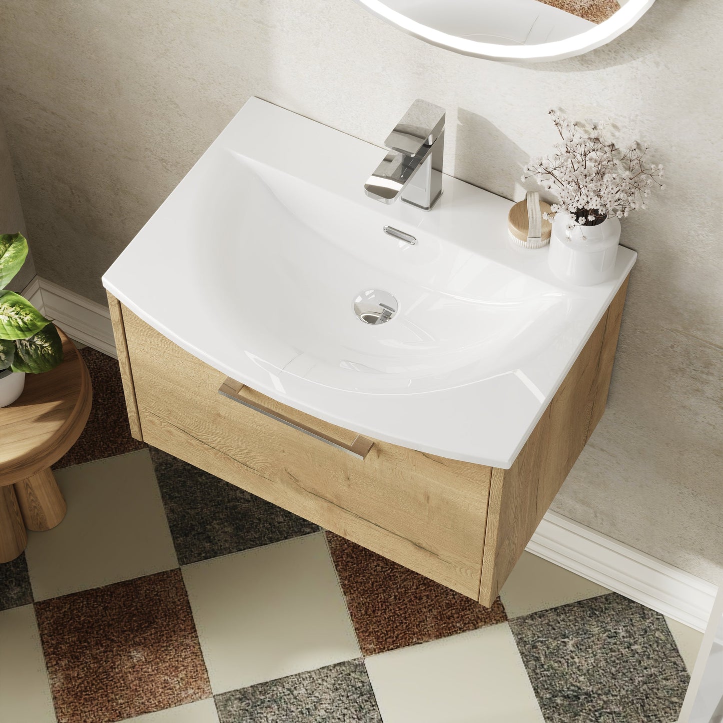 Hudson Reed Juno 600mm Autumn Oak Wall Hung Single Drawer Vanity Unit With Curved 1 Tap Hole Basin