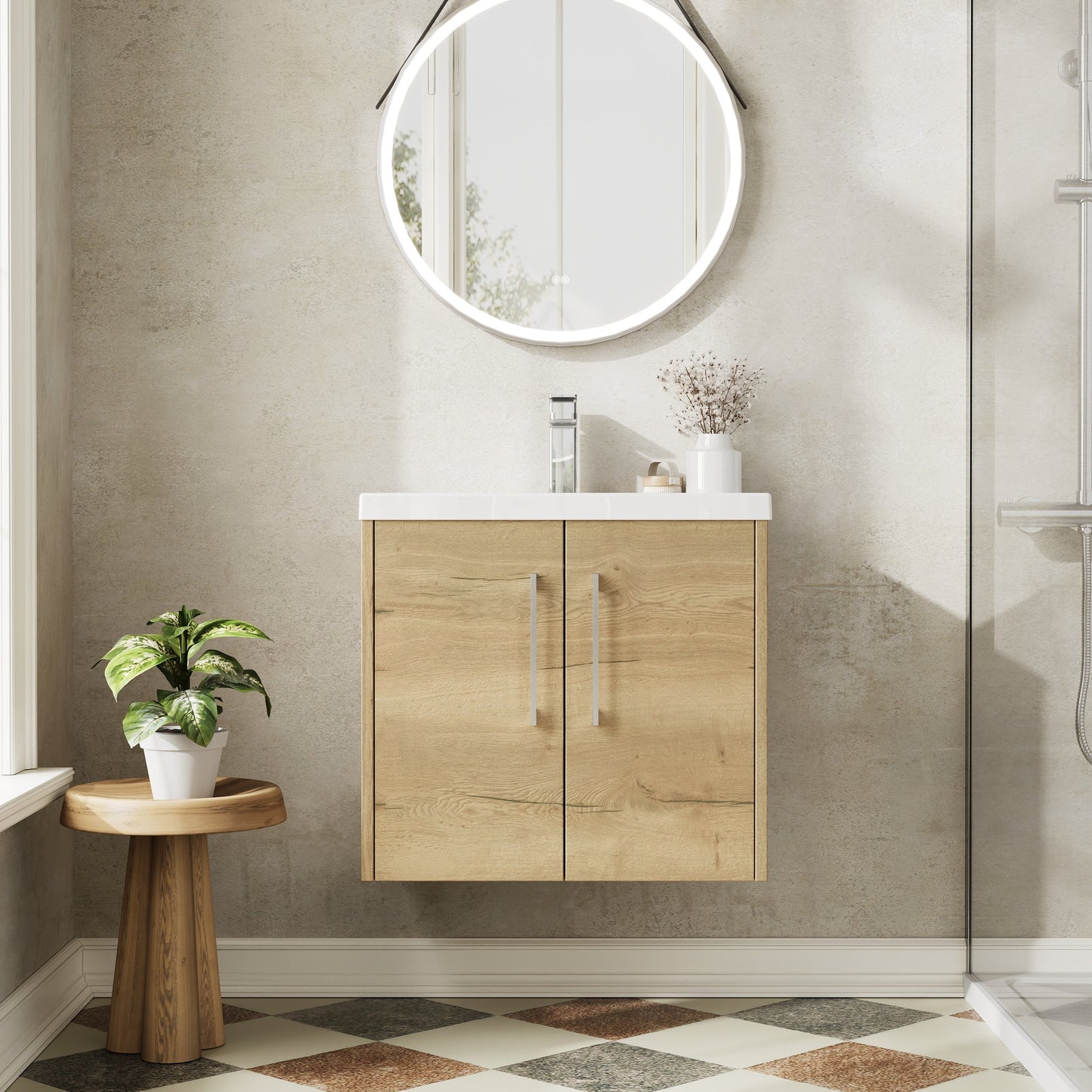 Hudson Reed Juno 600mm Autumn Oak Wall Hung 2-Door Vanity Unit with 1 Tap Hole Basin