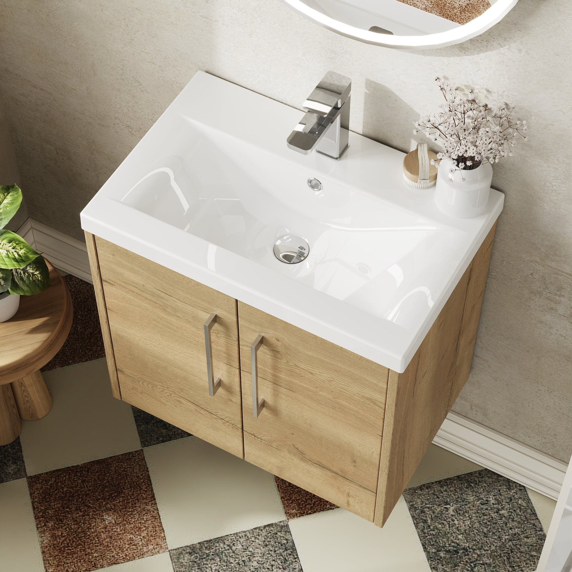 Hudson Reed Juno 600mm Autumn Oak Wall Hung 2-Door Vanity Unit with 1 Tap Hole Basin