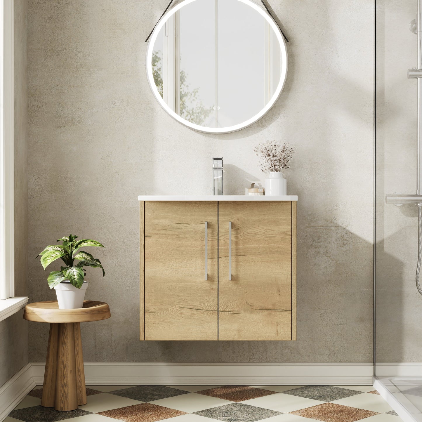 Hudson Reed Juno 600mm Autumn Oak Wall Hung 2-Door Vanity Unit with 1 Tap Hole Basin