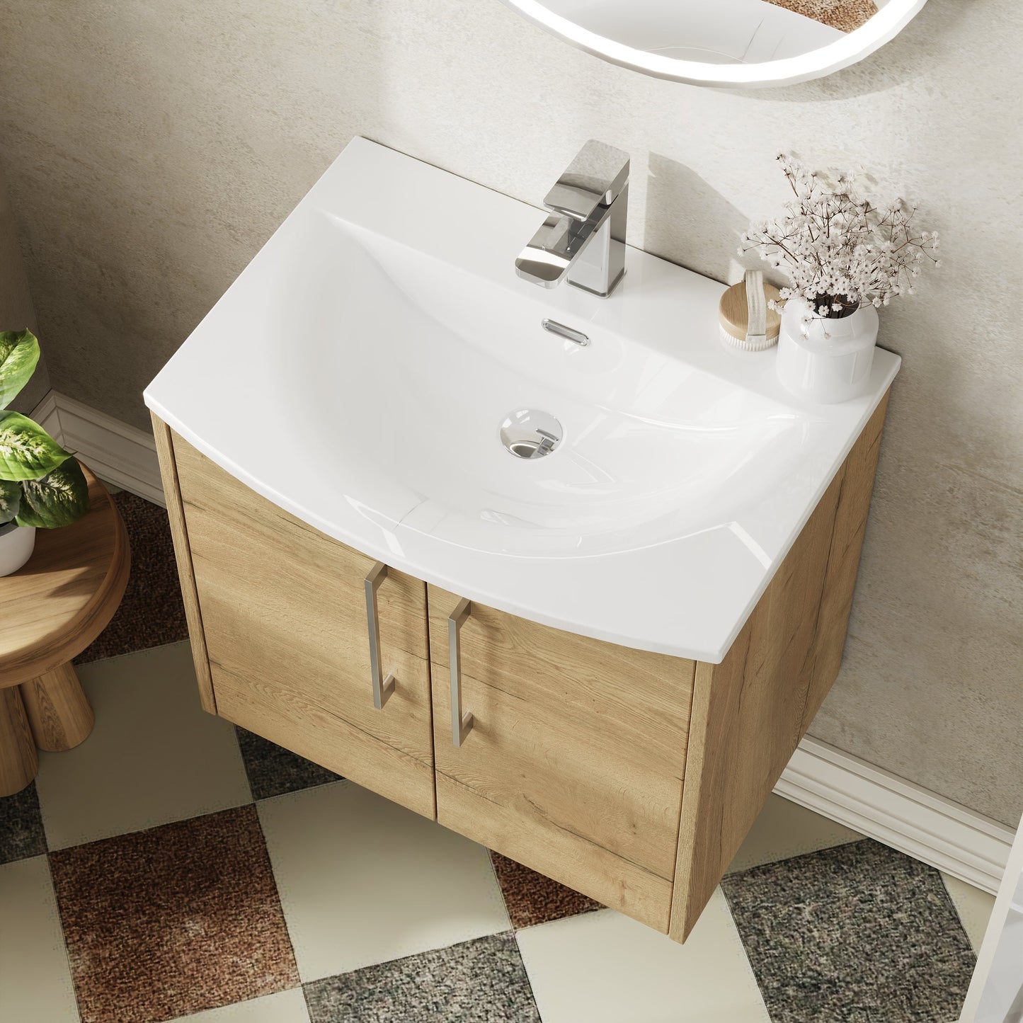 Hudson Reed Juno 600mm Autumn Oak Wall Hung 2-Door Vanity Unit with 1 Tap Hole Basin
