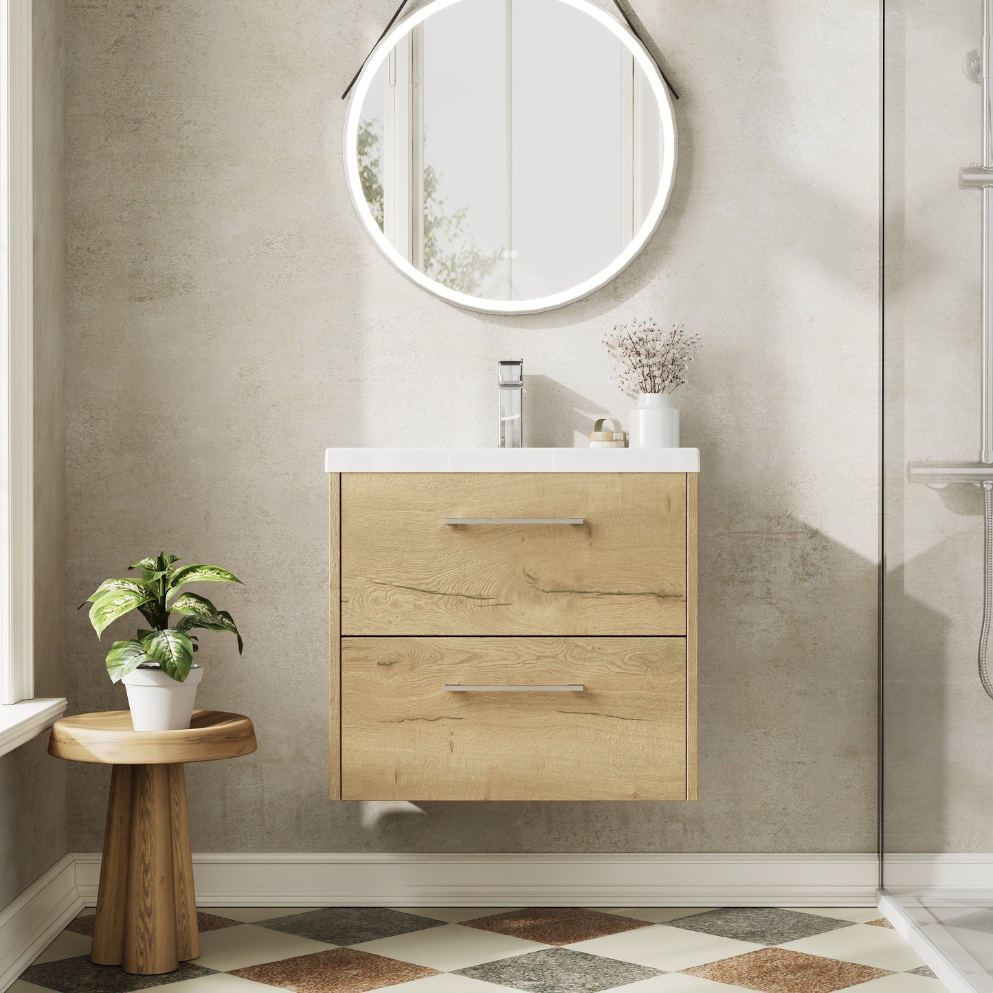 Hudson Reed Juno 600mm Autumn Oak Wall Hung 2-Drawer Vanity Unit With 1 Tap Hole Basin