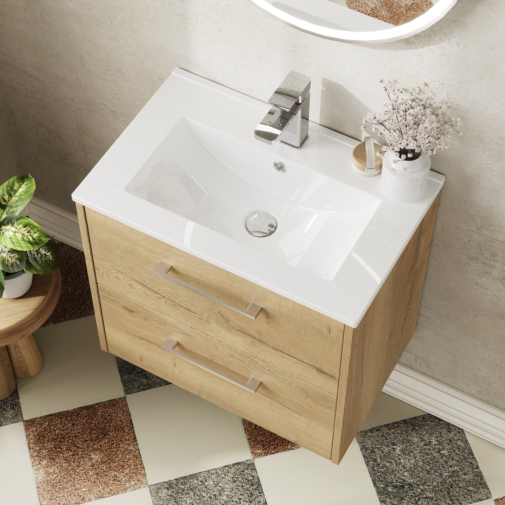 Hudson Reed Juno 600mm Autumn Oak Wall Hung 2-Drawer Vanity Unit with 1 Tap Hole Basin