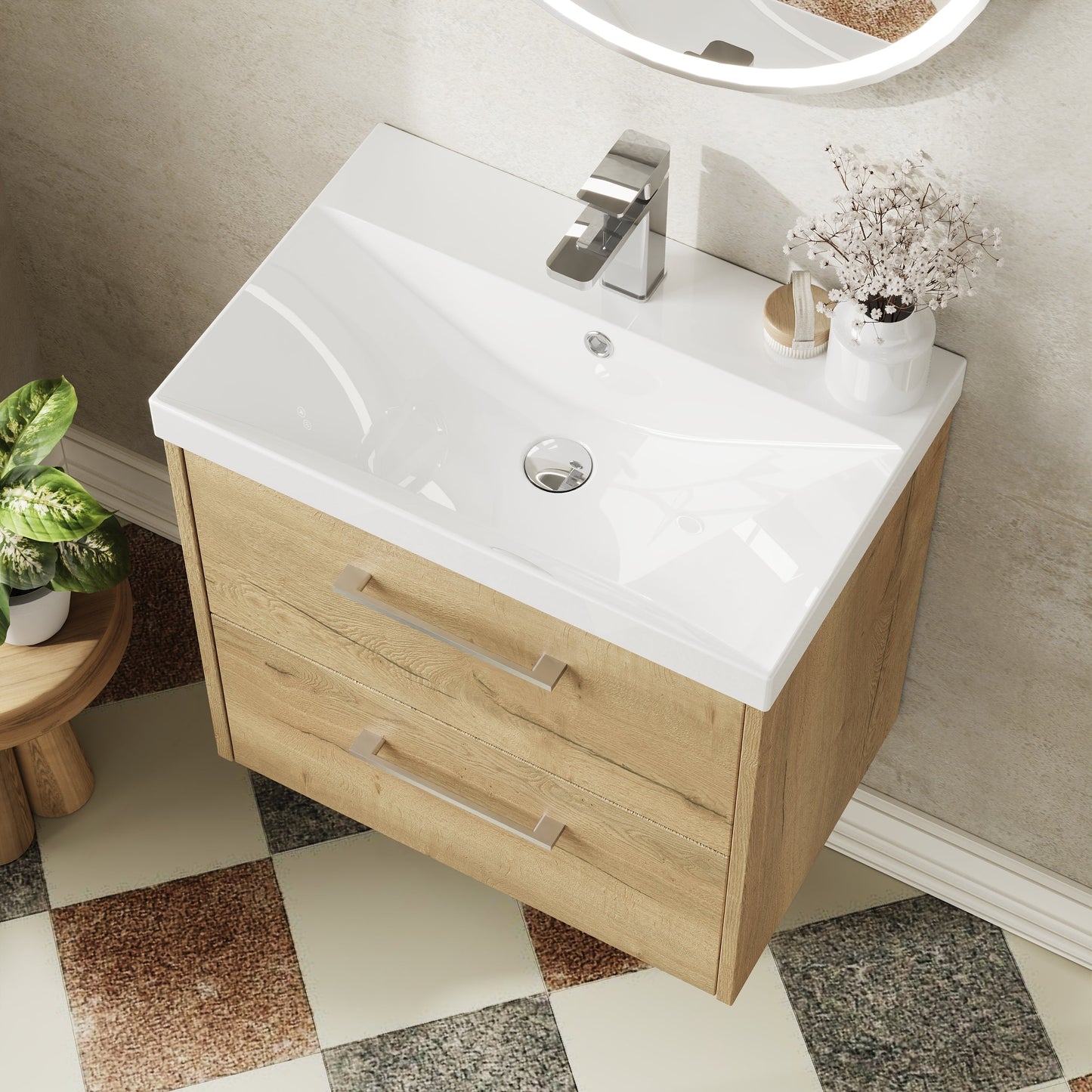 Hudson Reed Juno 600mm Autumn Oak Wall Hung 2-Drawer Vanity Unit with 1 Tap Hole Basin
