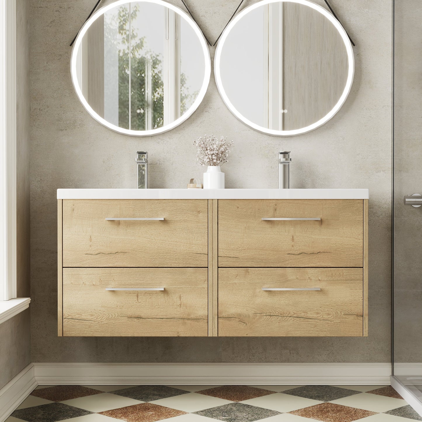 Hudson Reed Juno 1200mm Autumn Oak Wall Hung Vanity Unit Double Basin with Soft-Close Doors