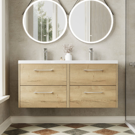 Hudson Reed Juno 1200mm Autumn Oak Wall Hung Vanity Unit Double Basin with Soft-Close Doors