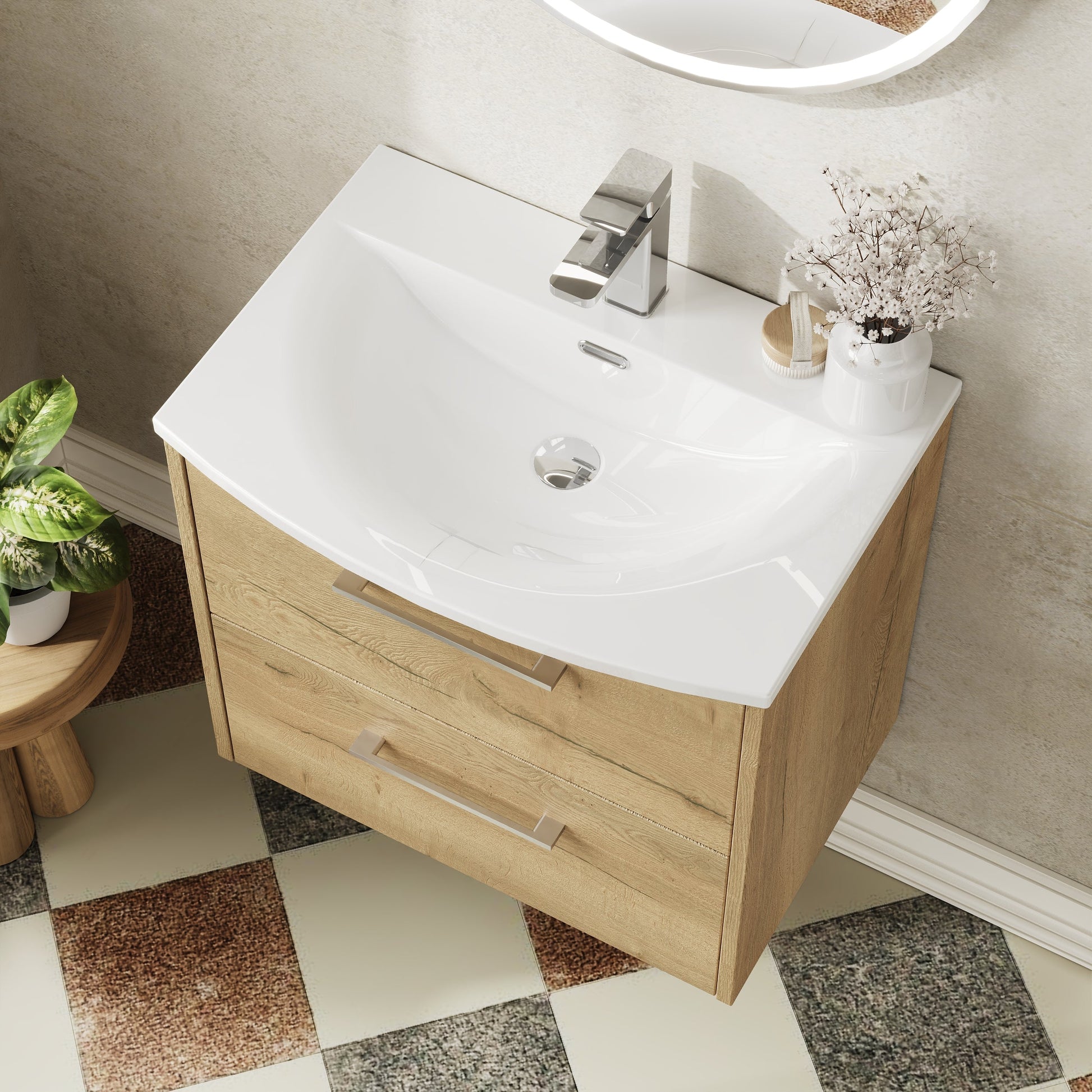 Hudson Reed Juno 600mm Autumn Oak Wall Hung 2-Drawer Vanity Unit with Curved 1 Tap Hole Basin