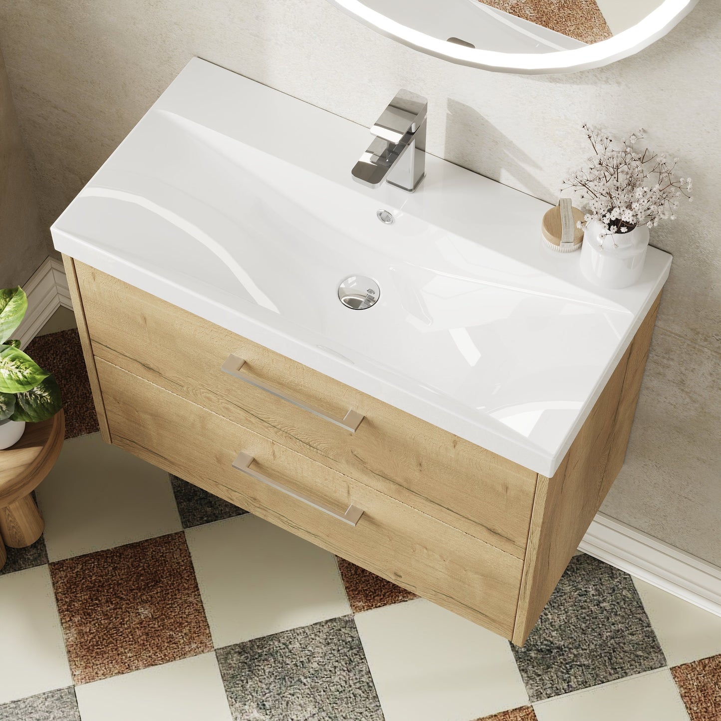 Hudson Reed Juno 800mm Autumn Oak Wall Hung 2-Drawer Vanity Unit With Thin-Edge 1 Tap Hole Basin