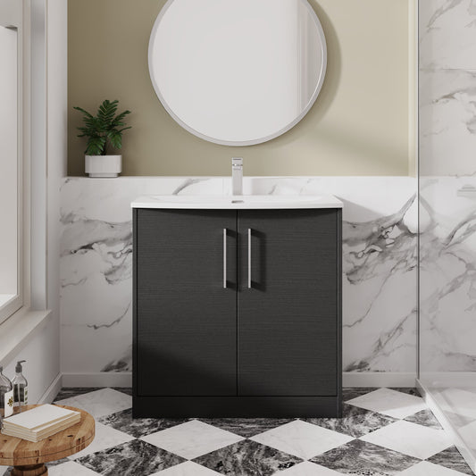 Hudson Reed Juno 800mm Graphite Grey Woodgrain Floor Standing 2-Door Vanity Unit Including Basin