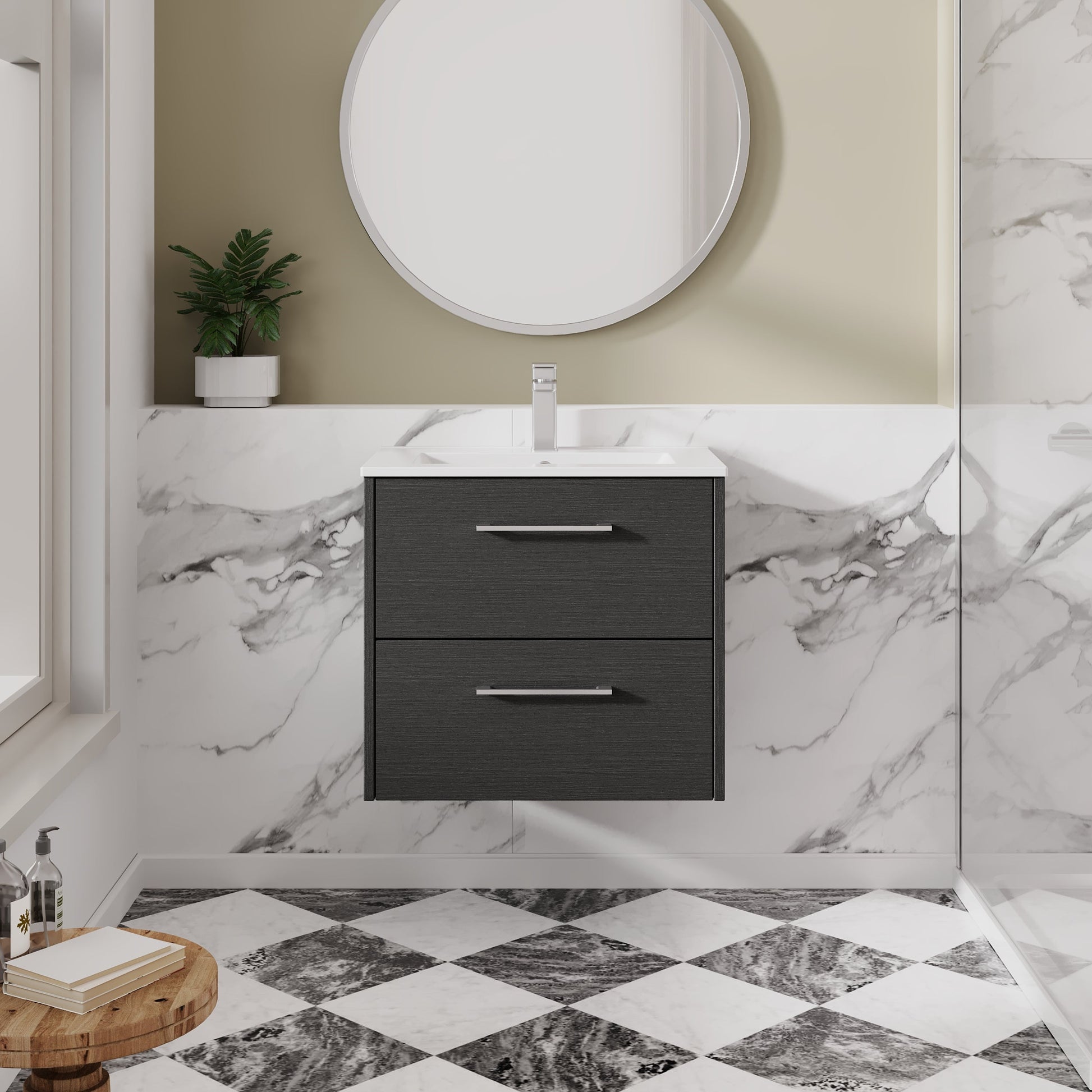 Hudson Reed Juno 600mm Wall Hung Graphite Grey 2-Drawer Vanity Unit with 1 Tap Hole Basin