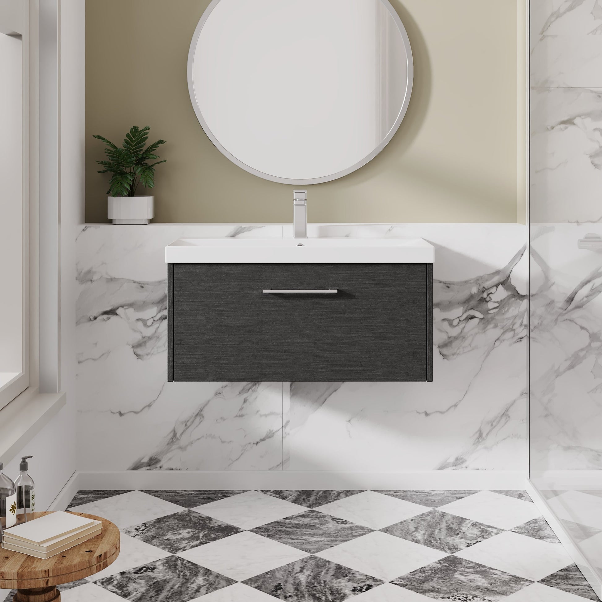 Hudson Reed Juno 800mm Wall Hung Graphite Grey Single Drawer Vanity Unit With 1 Tap Hole Basin