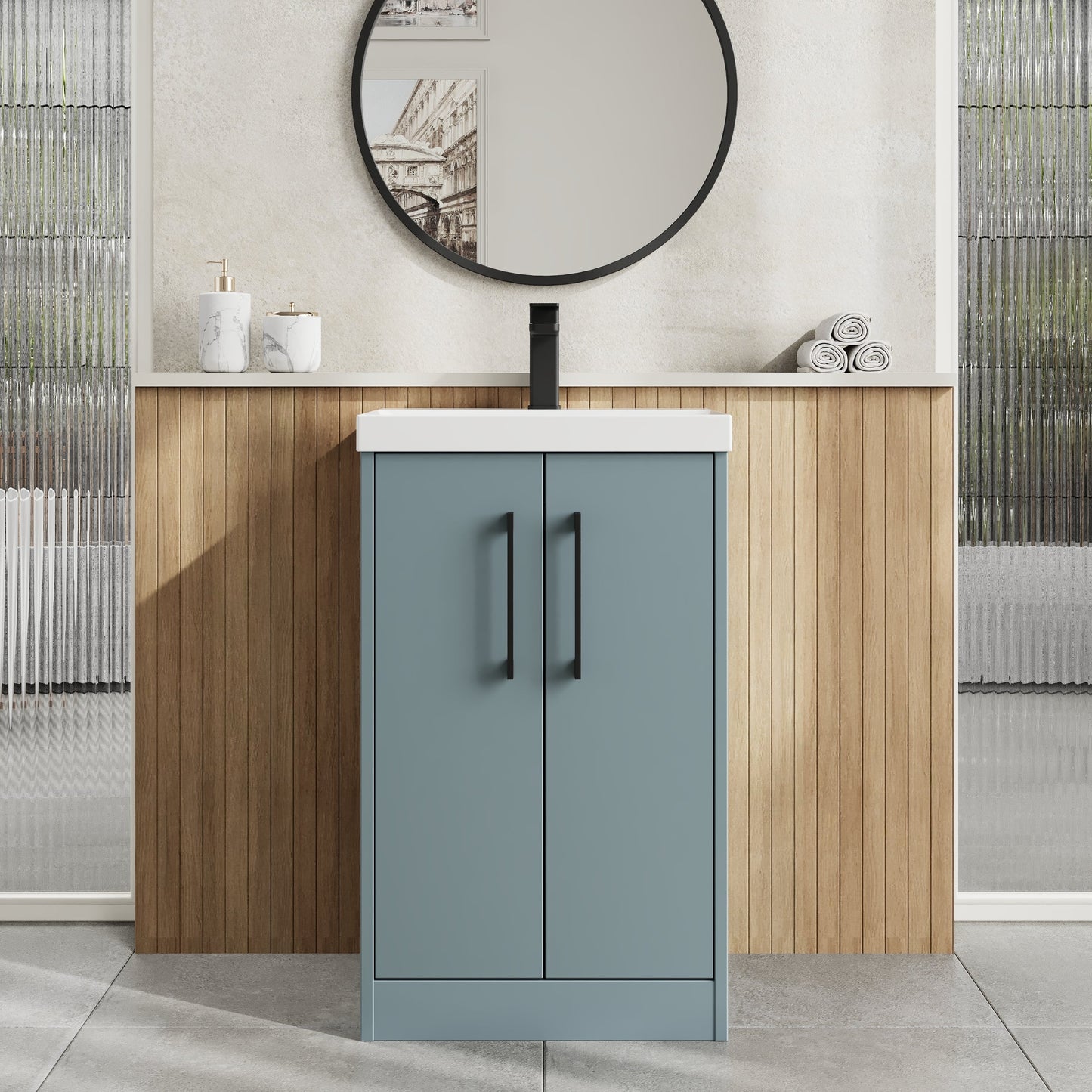 Hudson Reed Juno 500mm Coastal Grey Floor Standing 2-Door Vanity Unit With 1 Tap Hole Basin