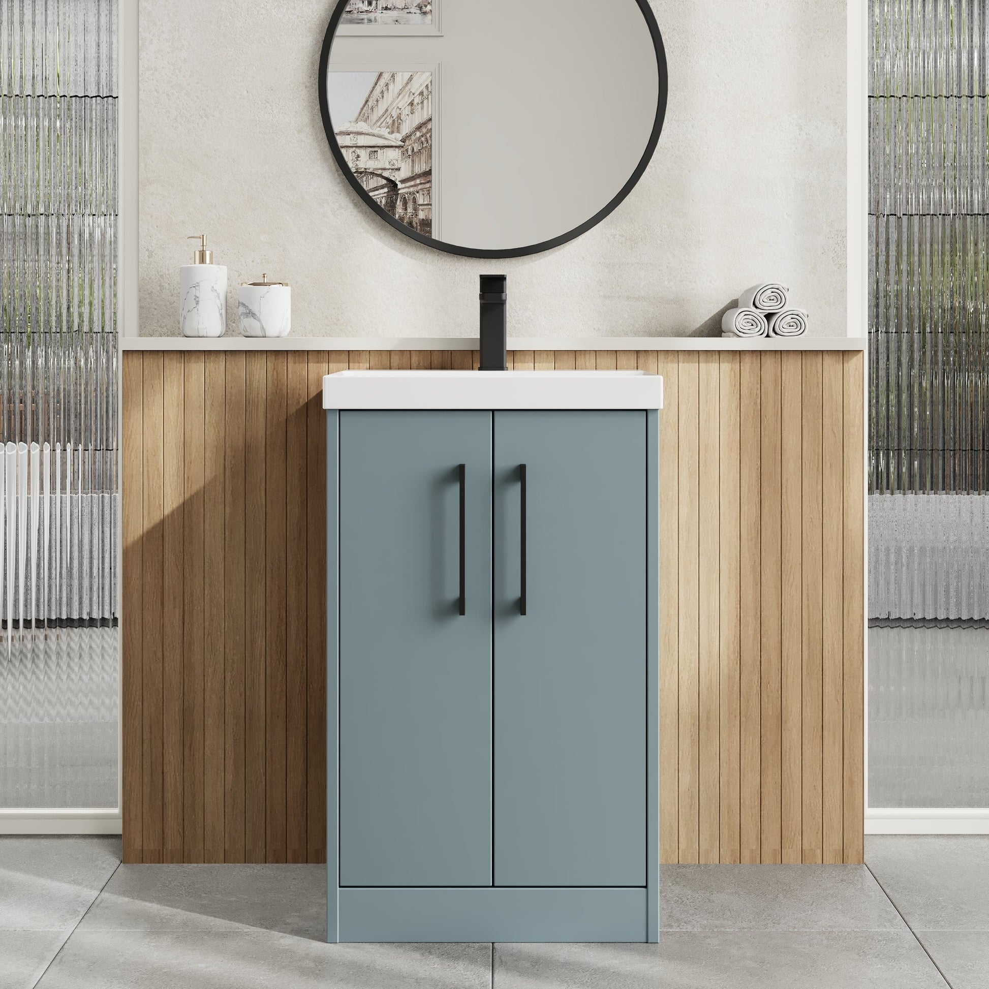 Hudson Reed Juno 500mm Coastal Grey Floor Standing 2-Door Vanity Unit With 1 Tap Hole Basin