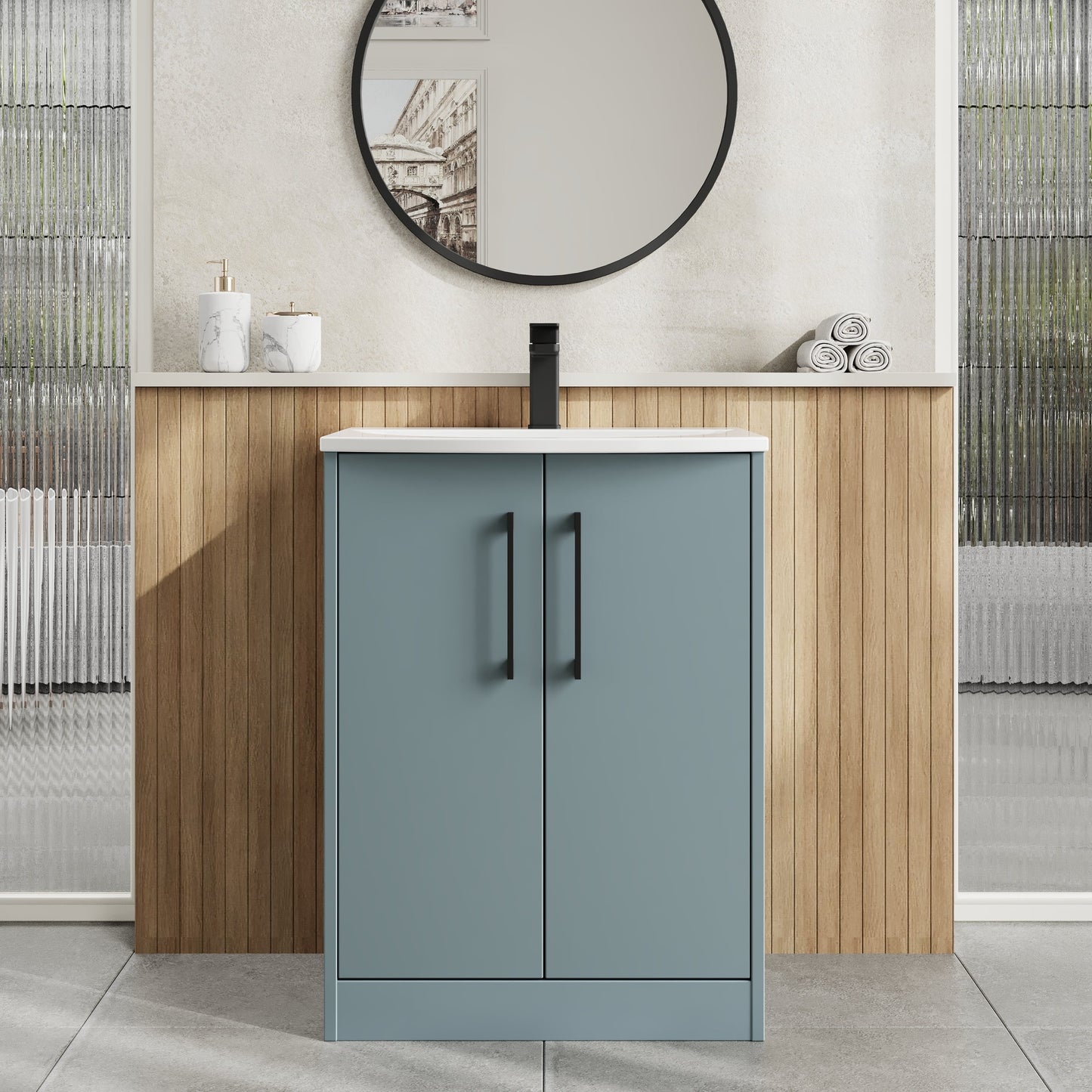 Hudson Reed Juno 600mm Coastal Grey Floor Standing 2-Door Vanity Unit with Basin