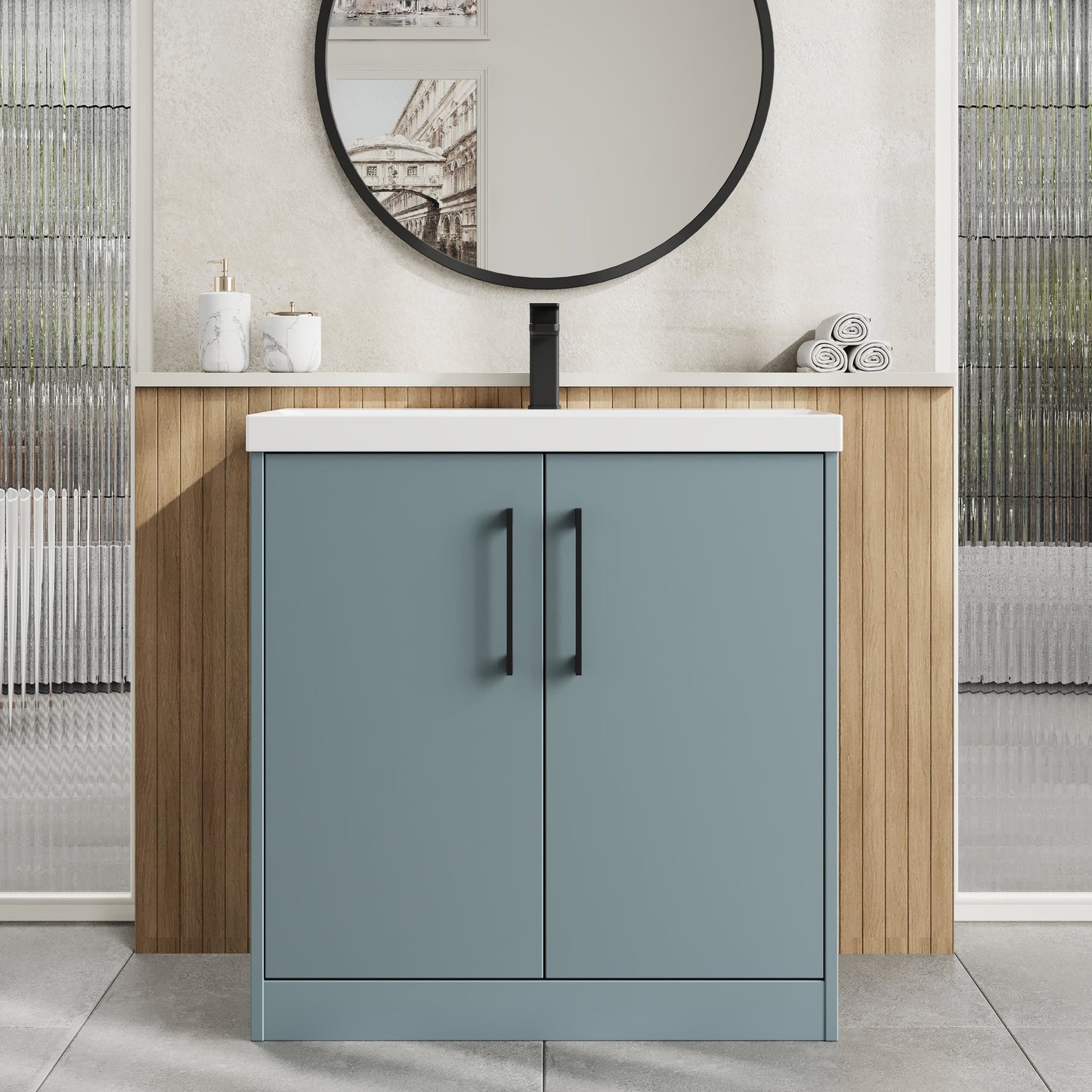 Hudson Reed Juno 800mm Coastal Grey Floor Standing 2-Door Vanity Unit with 1 Tap Hole Basin