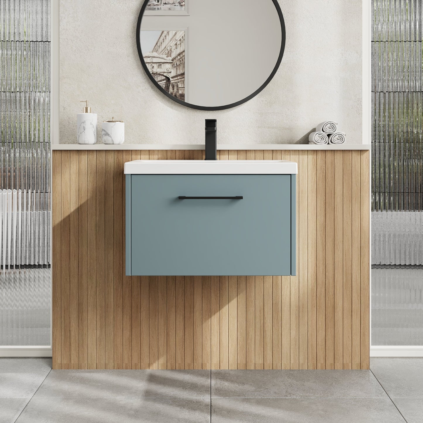 Hudson Reed Juno 600mm Coastal Grey Wall Hung Single Drawer Vanity Unit With 1 Tap Hole Basin