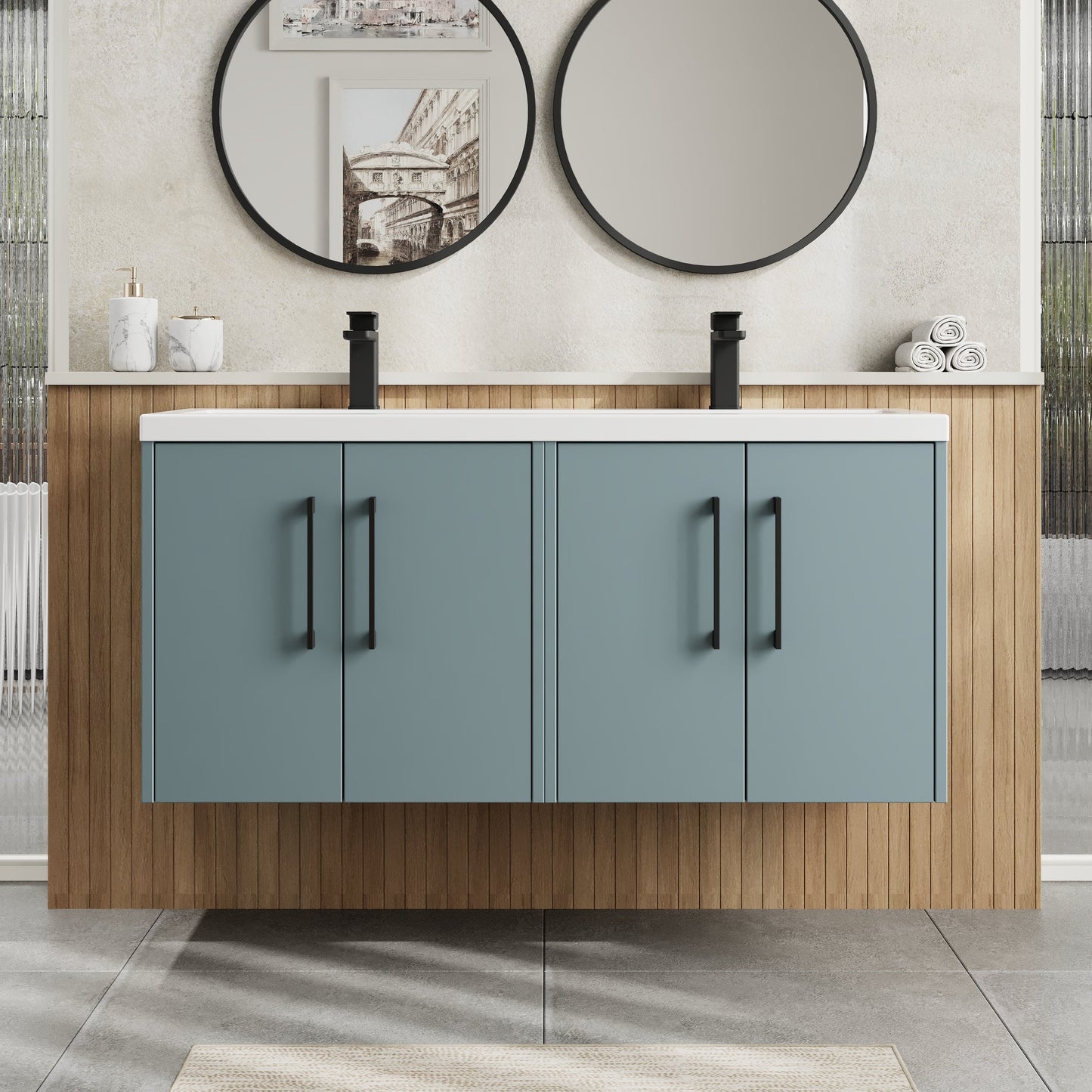 Hudson Reed Juno 1200mm Coastal Grey Wall Hung 4-Door Vanity Unit With Double Basin