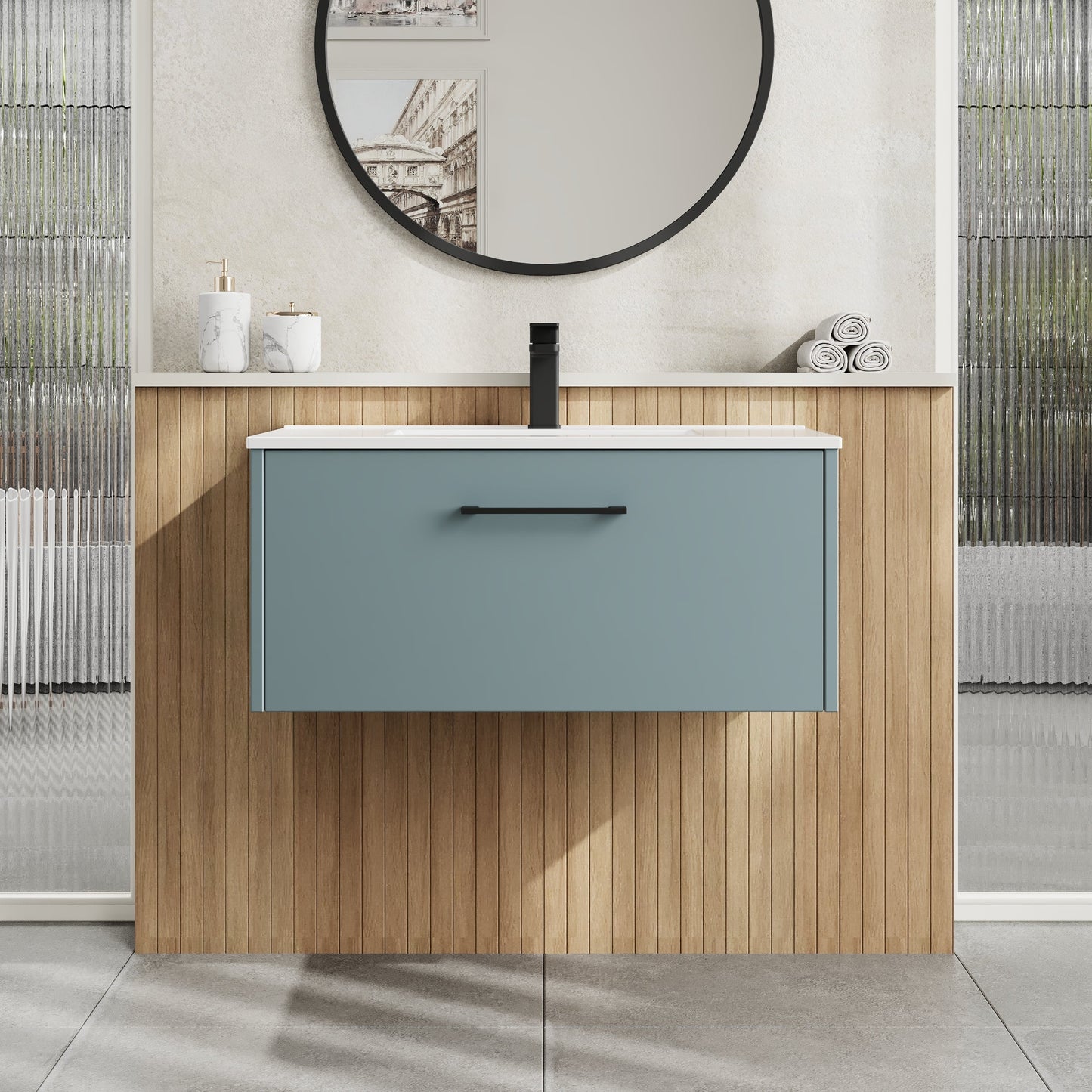 Hudson Reed Juno 800mm Coastal Grey Wall Hung Single Drawer Vanity Unit with 1 Tap Hole Basin