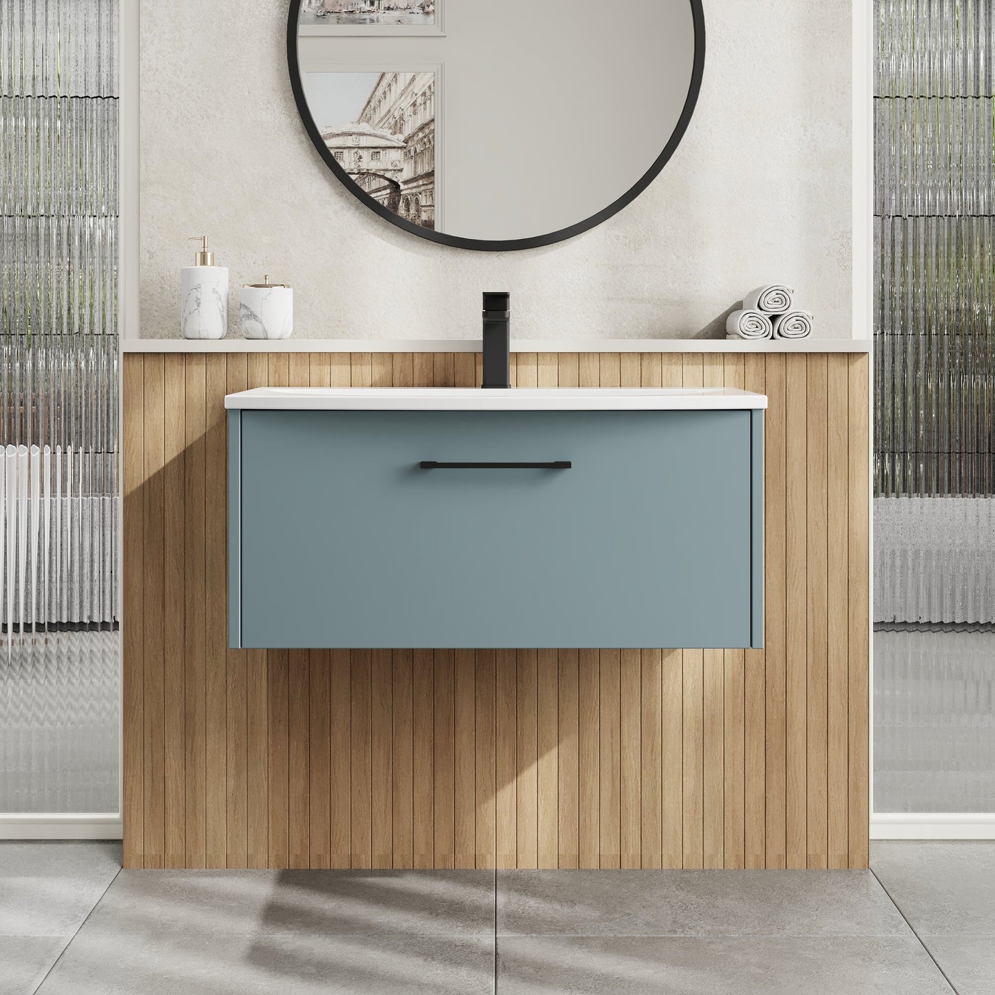 Hudson Reed Juno 800mm Wall Hung Single Drawer Vanity Unit with Curved 1 Tap Hole Basin