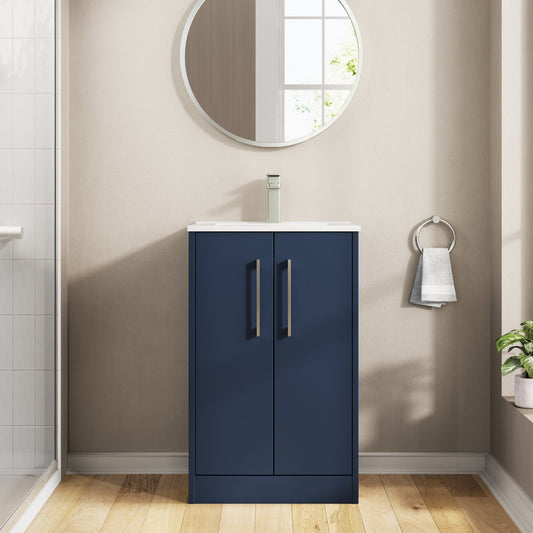 Hudson Reed Juno 500mm Midnight Blue Floor Standing 2-Door Vanity Unit & Basin With Soft Close Doors