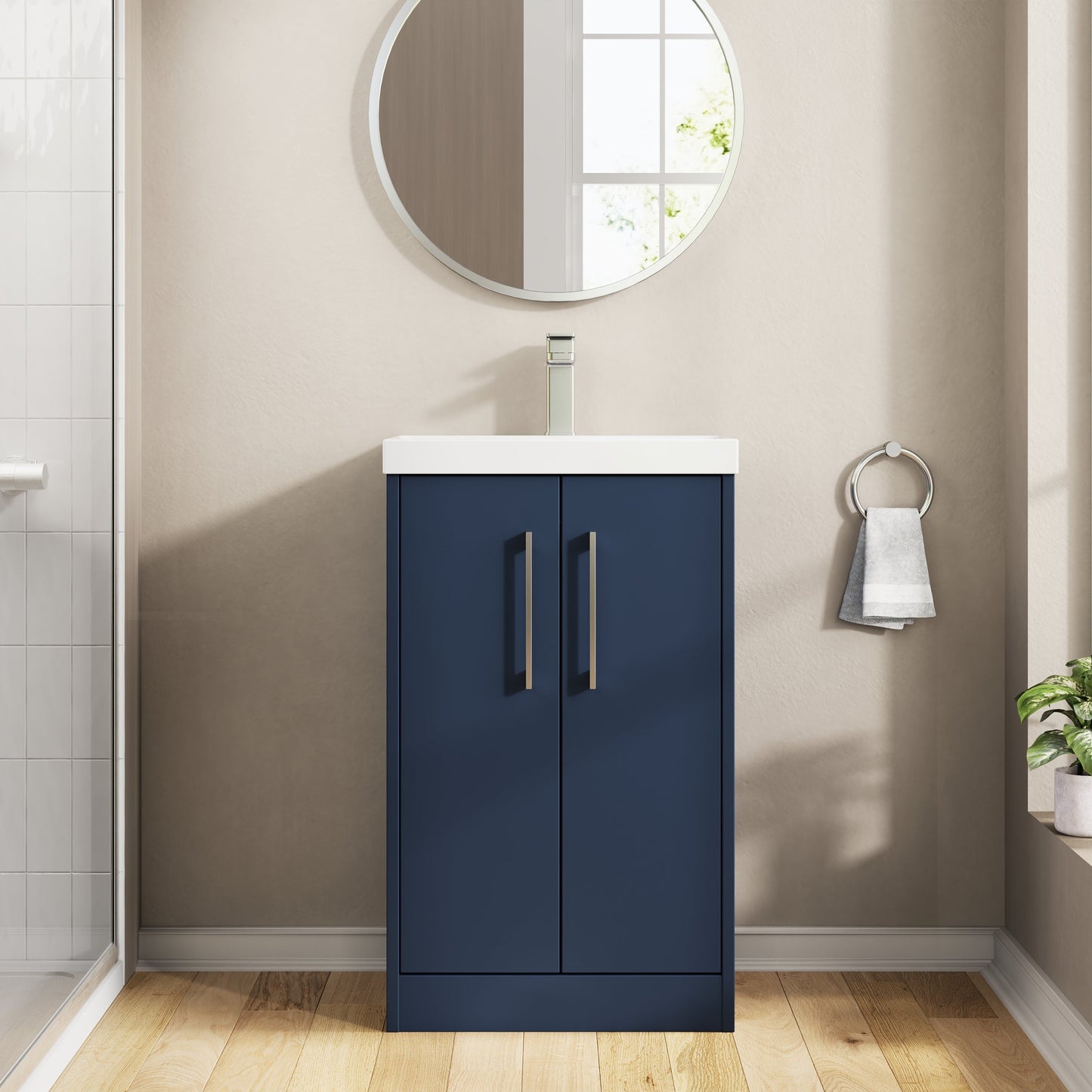 Hudson Reed Juno 500mm Midnight Blue Floor Standing 2-Door Vanity Unit Including Basin With Soft Close Doors