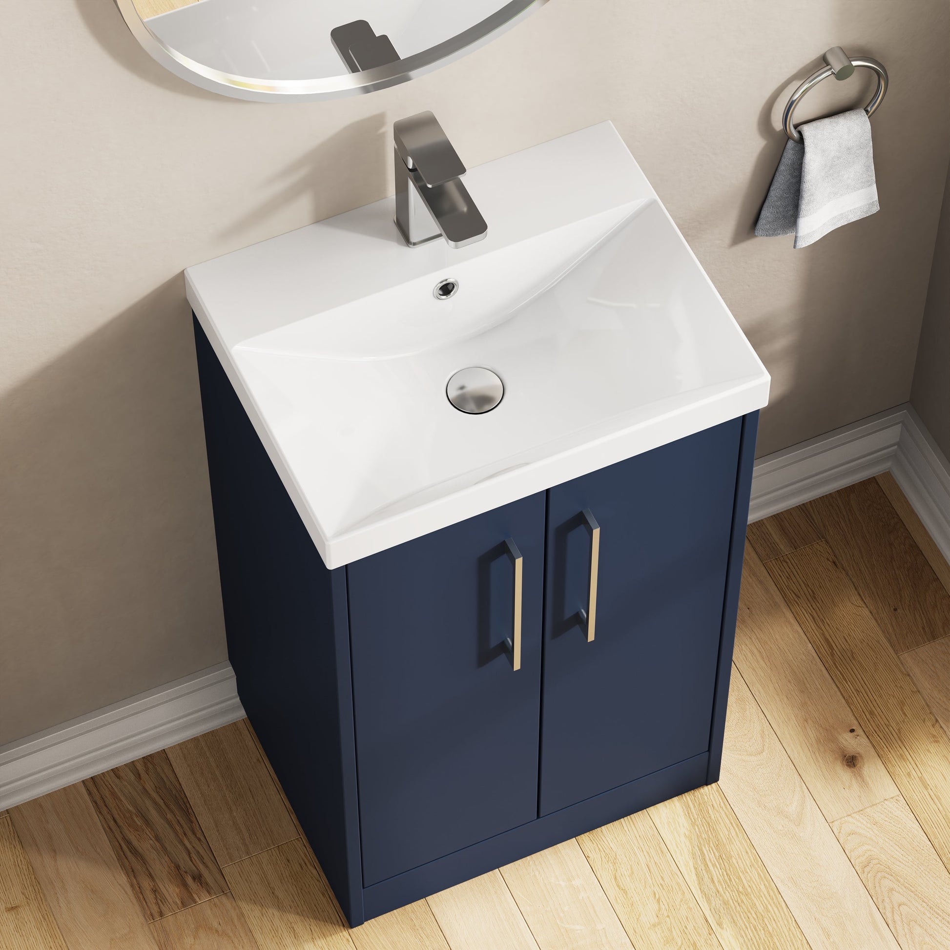 Hudson Reed Juno 500mm Midnight Blue Floor Standing 2-Door Vanity Unit Including Basin With Soft Close Doors