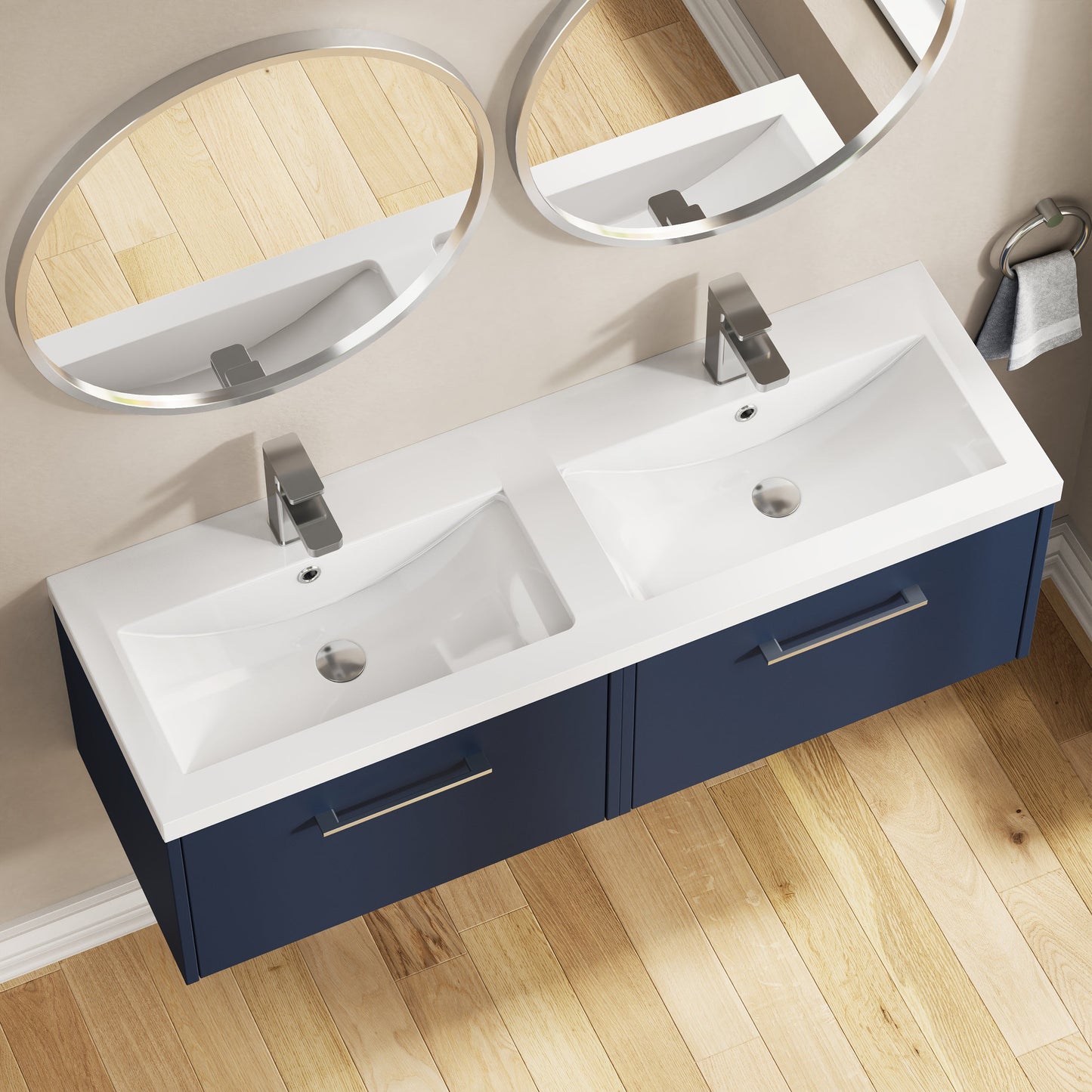Hudson Reed Juno 1200mm Midnight Blue Wall Hung 2-Drawer Vanity Unit with Double 2 Tap Hole Basin