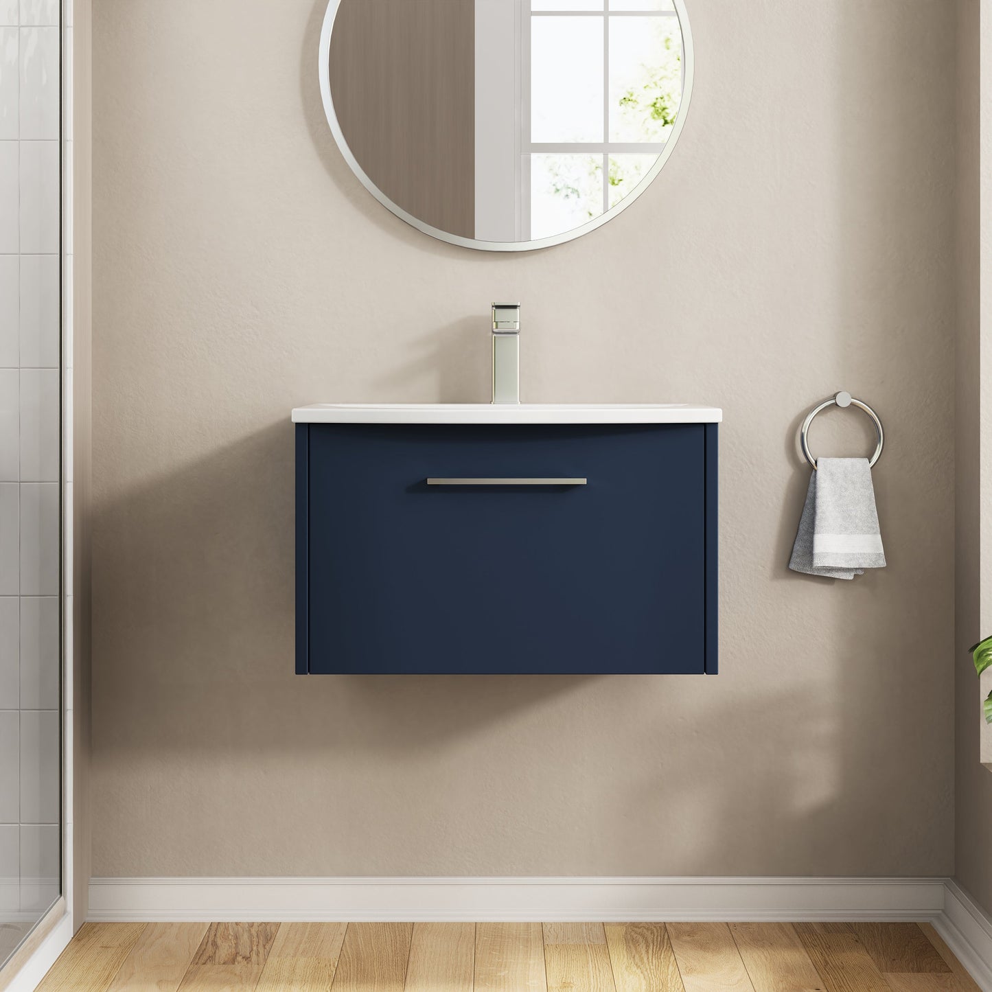 Hudson Reed Juno 600mm Wall Hung Single Drawer Vanity & Basin Midnight Blue with Soft Close Drawer