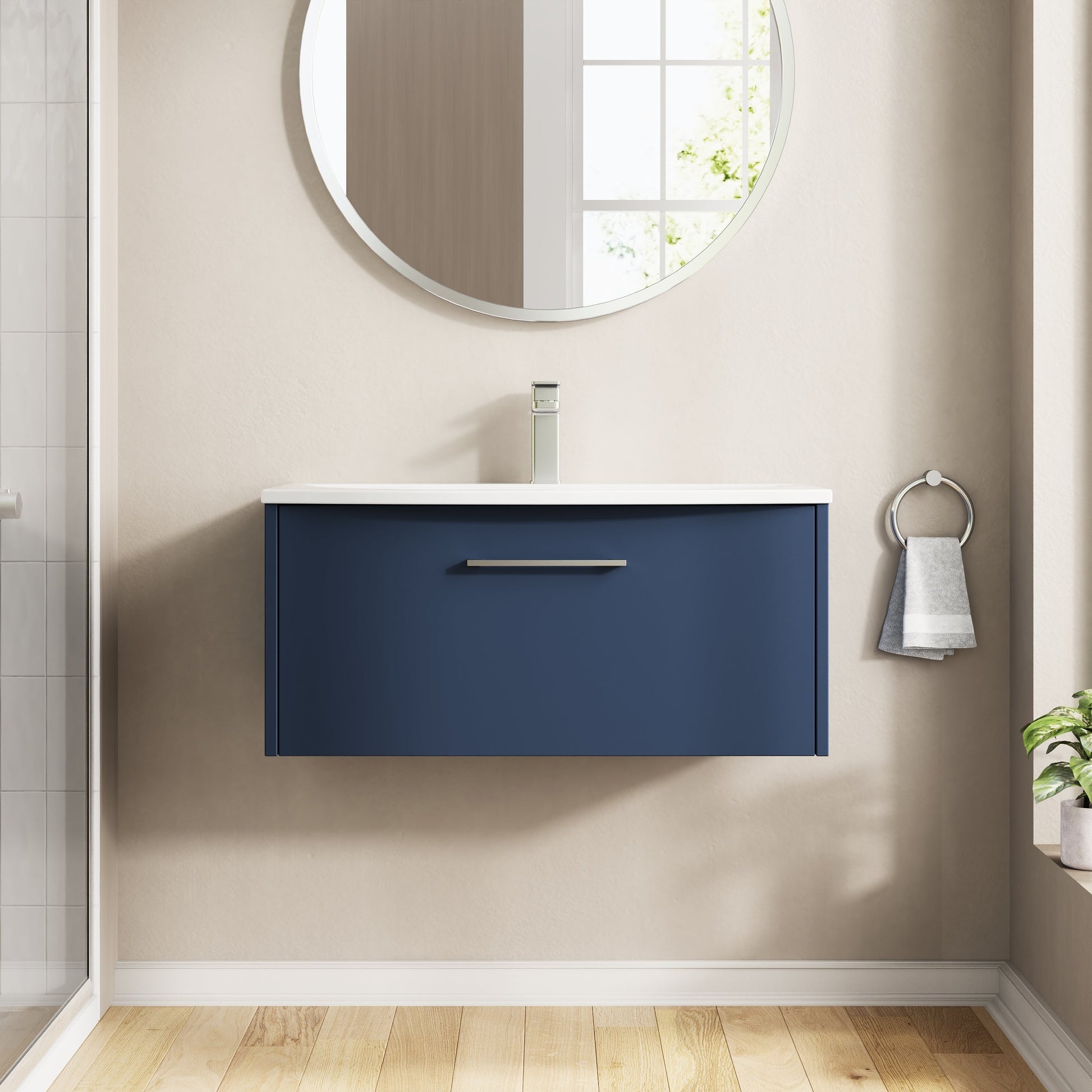 Hudson Reed Juno 800mm Midnight Blue Wall Hung Single Drawer Vanity Unit & Basin