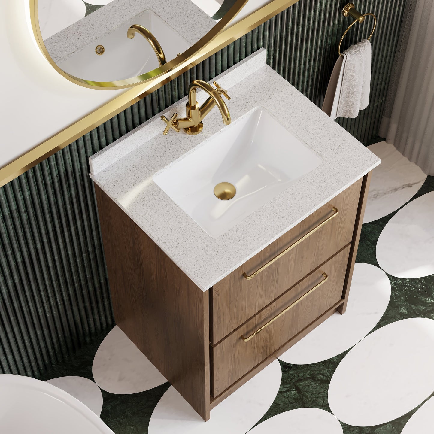 Hudson Reed Lille 600mm Antique Oak Floor Standing 2-Drawer Vanity Unit With Marble Worktop Basin