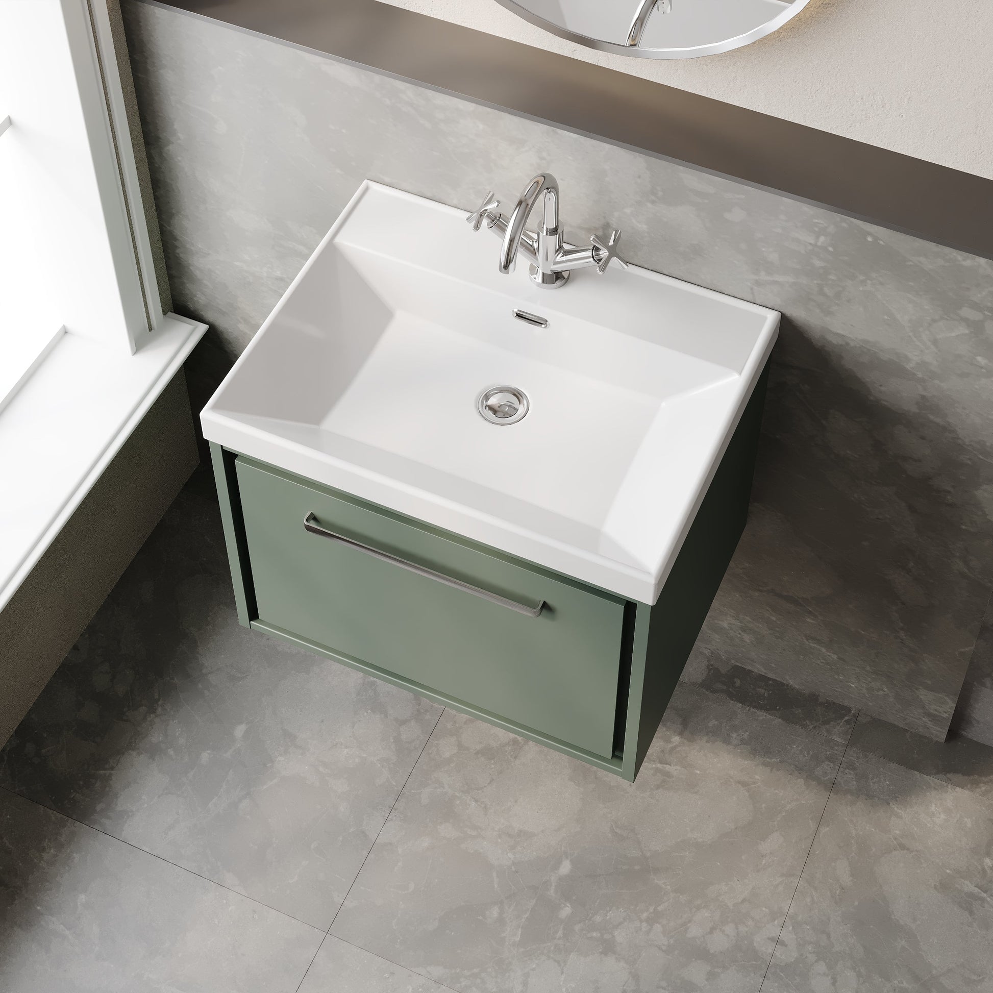 Hudson Reed Lille 600mm Fern Green Wall Hung Single Drawer Vanity Unit With Basin