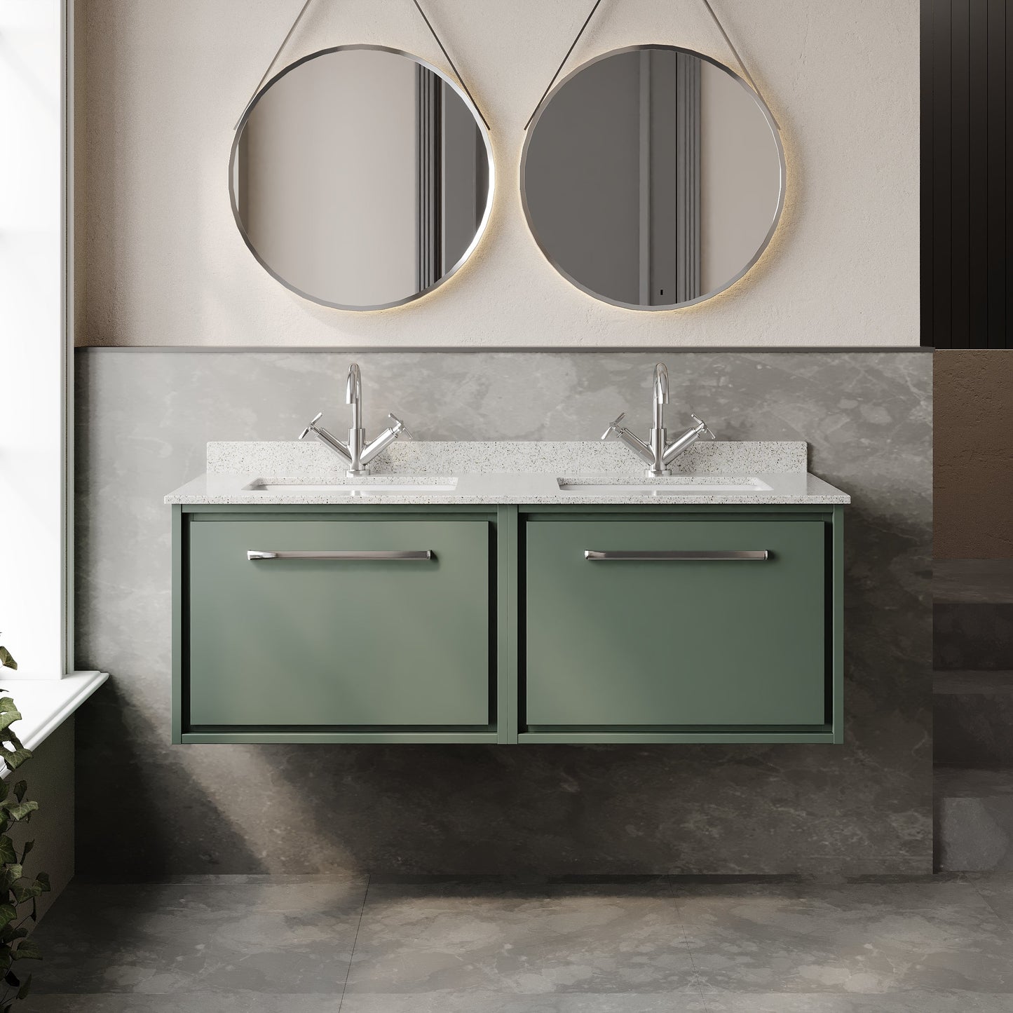 Hudson Reed Lille 1220mm Fern Green Wall Hung Double Basin Vanity Unit With Marble Worktop Basins